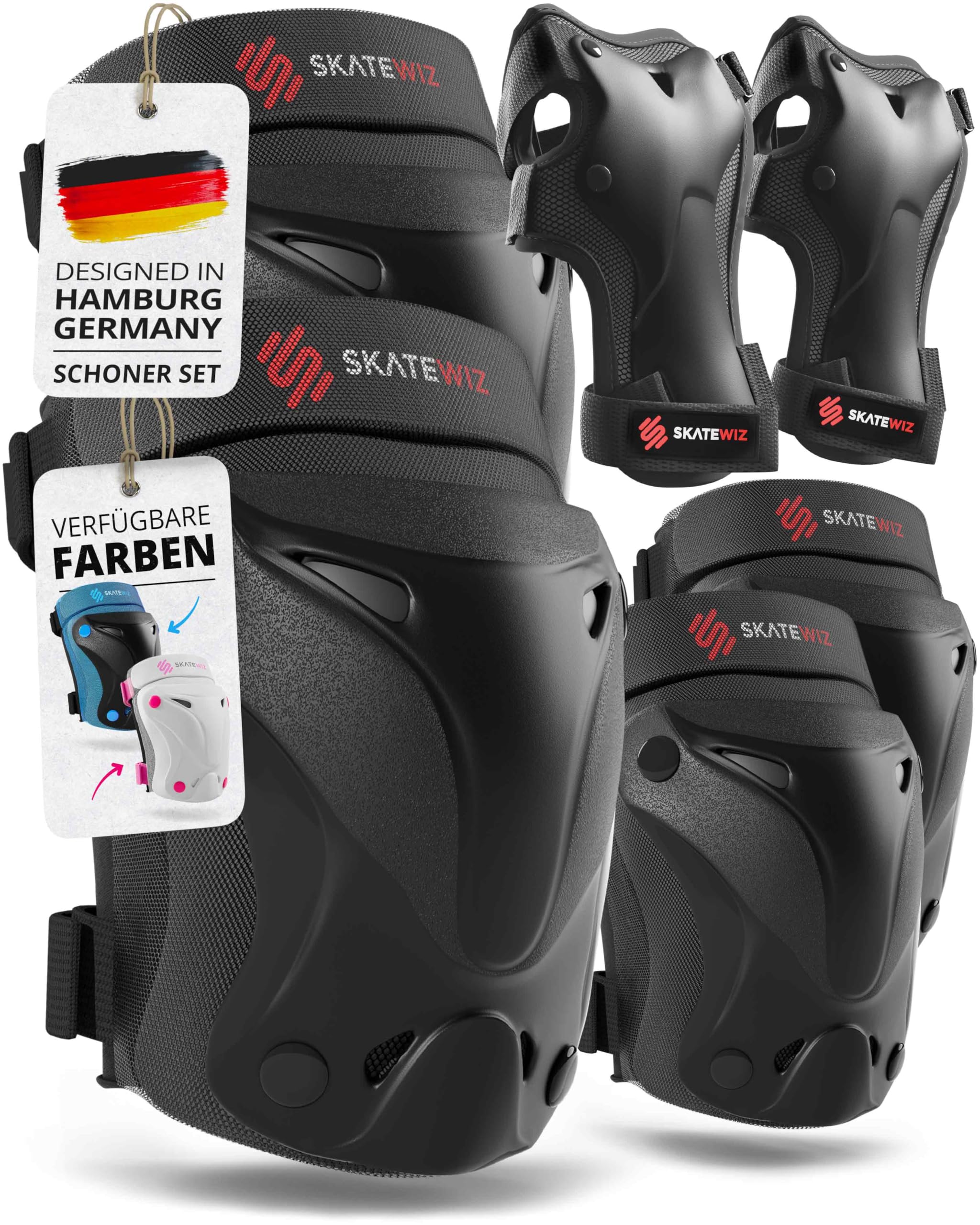 SKATEWIZ Protektorenset 6-teilig - entwickelt in Hamburg - Knie-, Ellenbogen- & Handgelenkschoner für Kinder & Erwachsene - mit Tasche - Protect-1