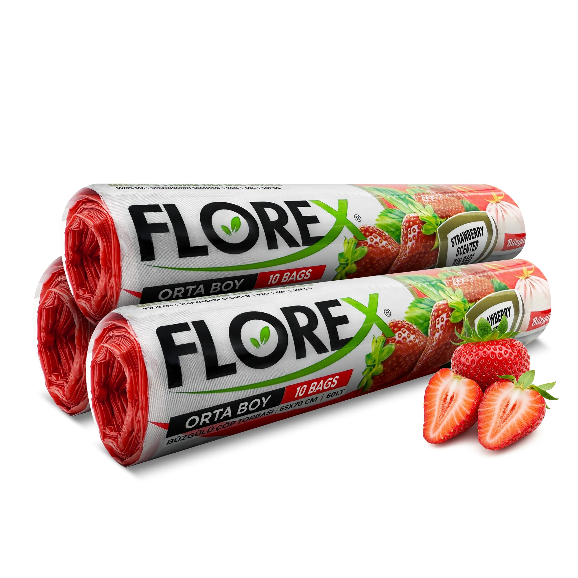 60L Bin Bags Strawberry Scented 3 Rolls (30 Bags) 65 x 70 cm Swing Bin Liners, Use for Bathroom & Office - Garbage Bags with Drawstring for Home & Work