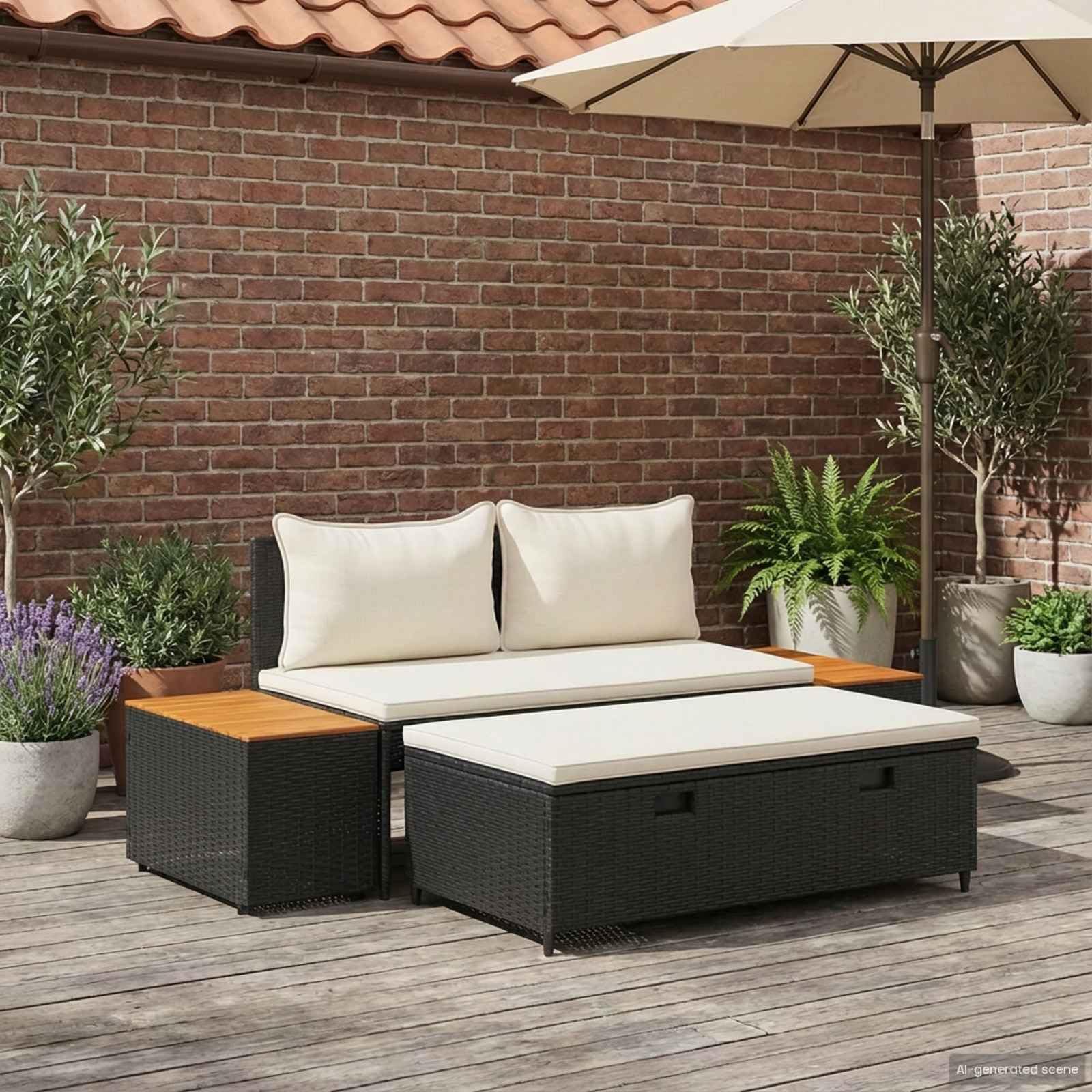 4-osobowa sofa ogrodowa, 4-osobowa, czarna, kremowo-biała, odporna na warunki atmosferyczne, na taras, balkon, werandę, lounge, z poduszkami i miejscem do przechowywania