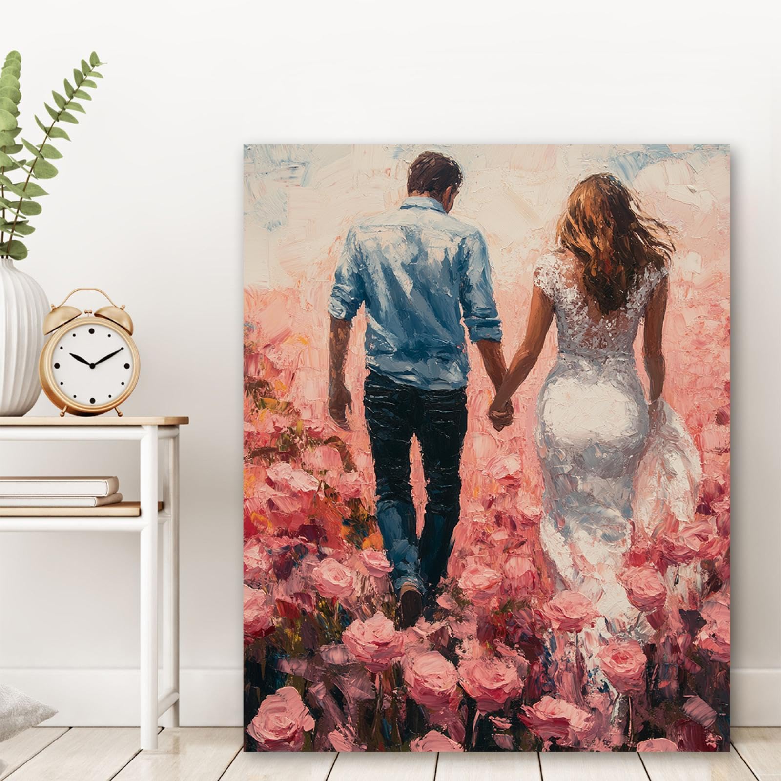 CHERHERART Para w polu kwiatowym, obraz ścienny, romantyczna natura, plakat z nadrukiem, dzieło sztuki, do salonu, przedpokoju lub nowoczesnego mieszkania, 75 x 100 cm, rama wewnętrzna