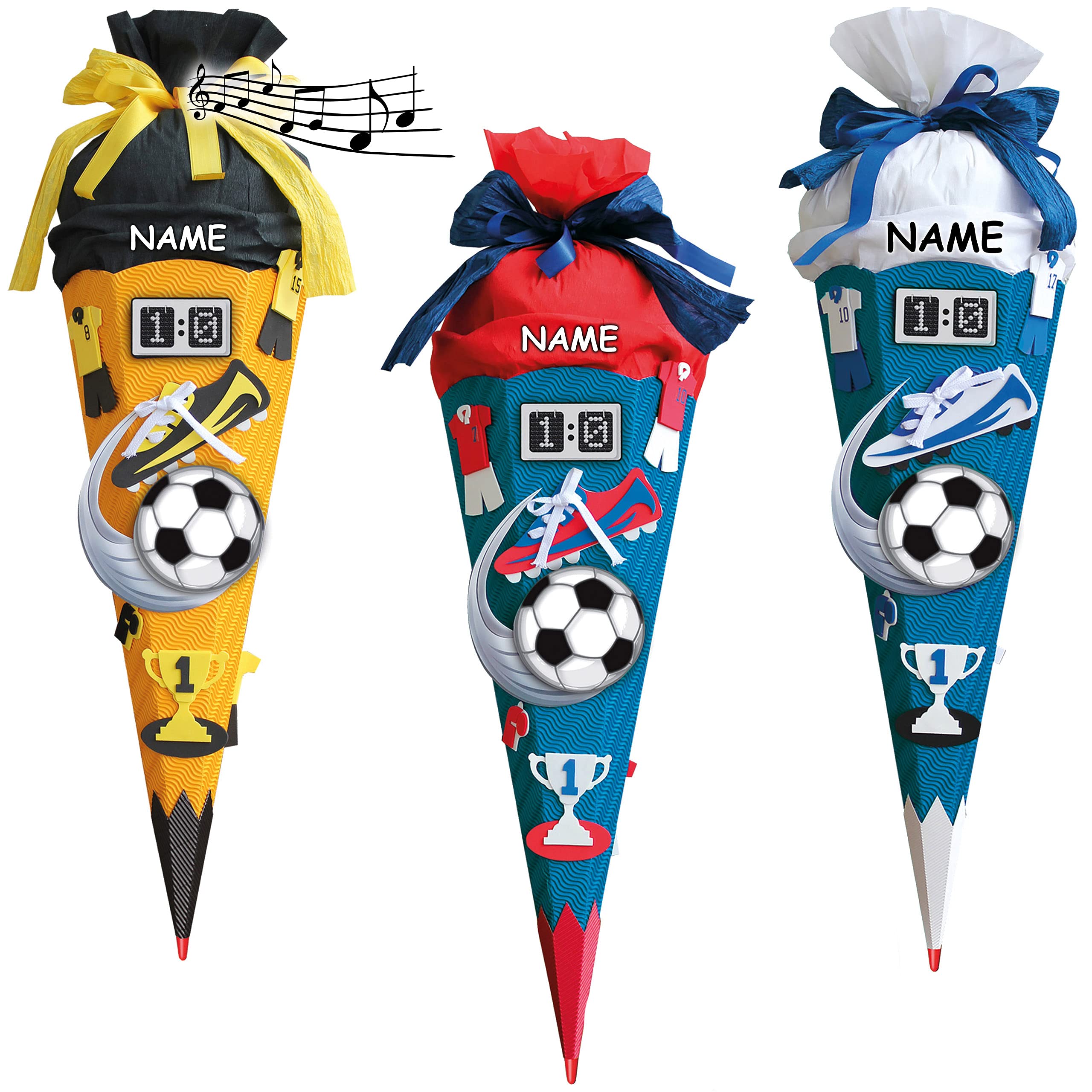 mit Sound Modul ! - 3 TLG. XXL - BASTELSET Schultüte - Fußball 85 cm - mit Holzspitze - Zuckertüte Roth - ALLE Größen - 6 eckig Fußballer Fussball Sport Junge..