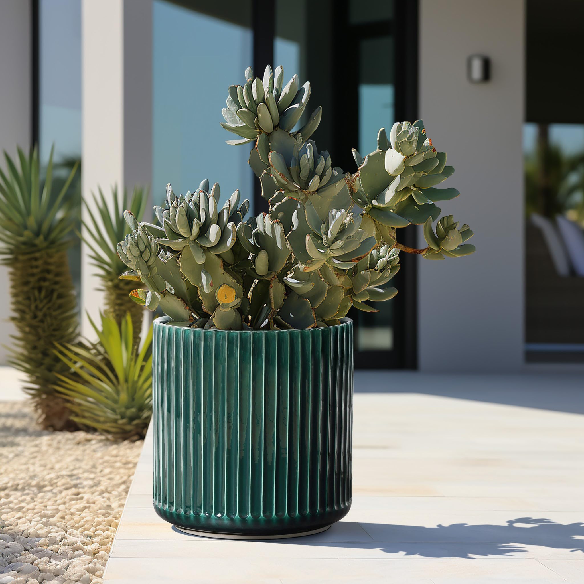 LuxenHome 11" Dia Jade Green Glazed Ceramic Planters, Large Outdoor Indoor Plant Pots with Drainage Hole and Rubber Plug, Modern Round Ribbed Flower