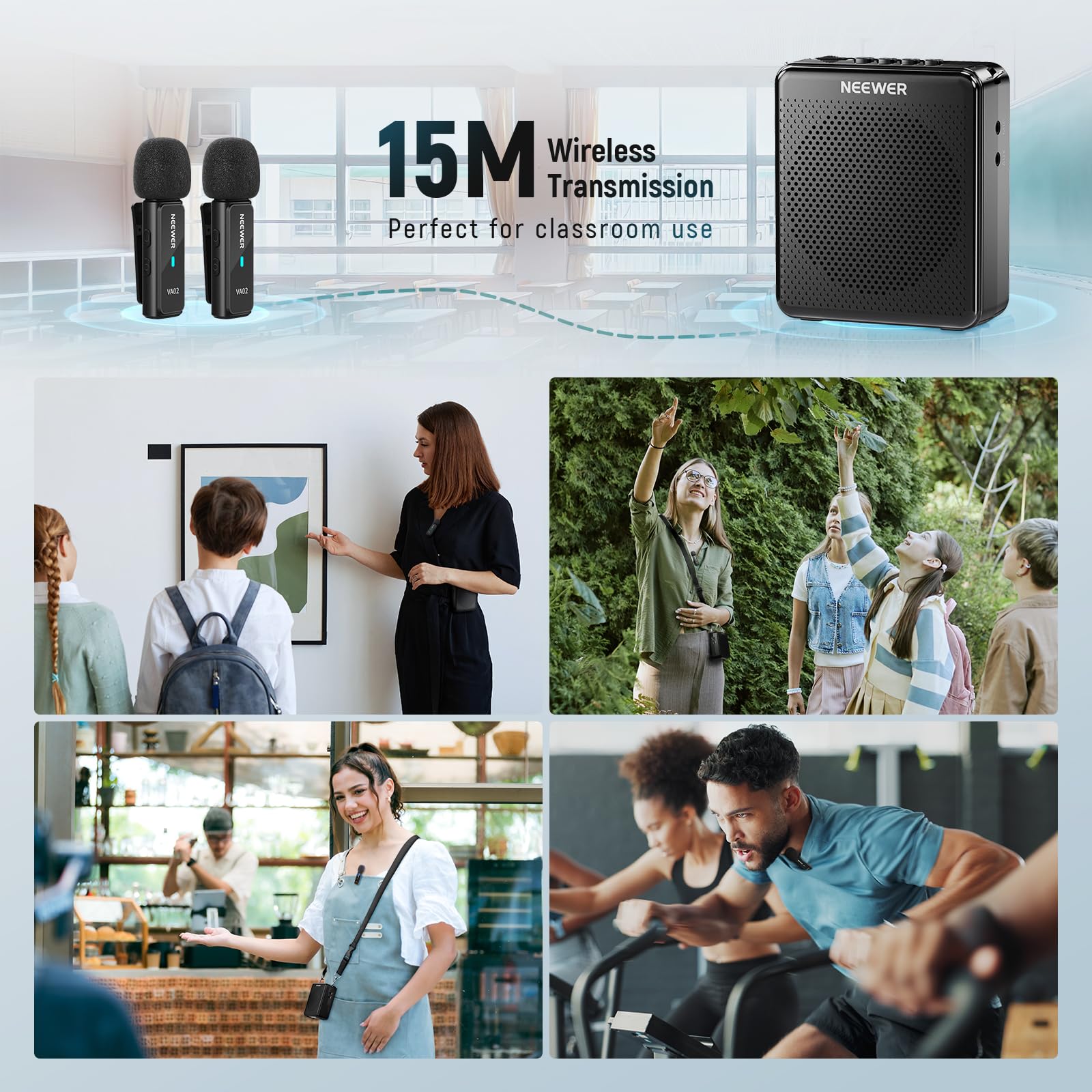 NEEWER VA02 Amplificatore Vocale con Microfono Wireless, Set Mic e Megafono Altoparlante Portatile Mini USB C Ricaricabile Antirumore, 10 Ore, Portata 15m per Aula Insegnanti Formatori Guida Turistica