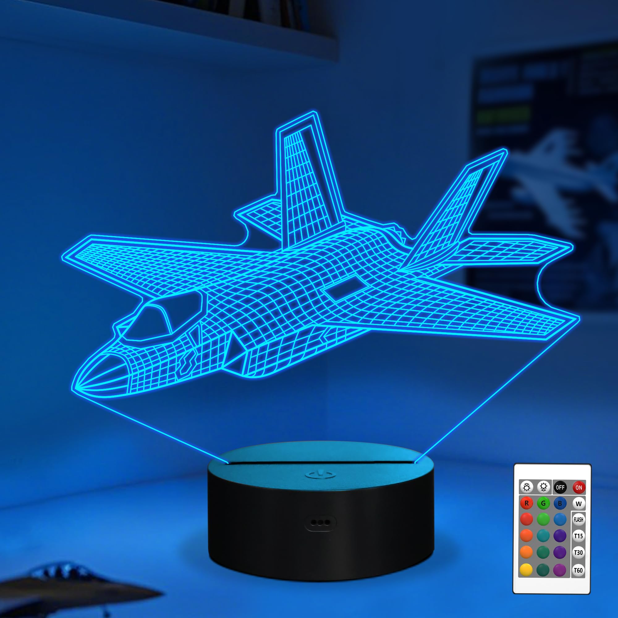 Fighter Jet Night Light, Airplane Jet Gifts ,War Thunder 3D Illusion Lamp with with Remote Control 3D PLane Illusion Lamp for Room Decor, Gifts for Birthday Xmax Entry Graduation for Men Boy Kids — image 1