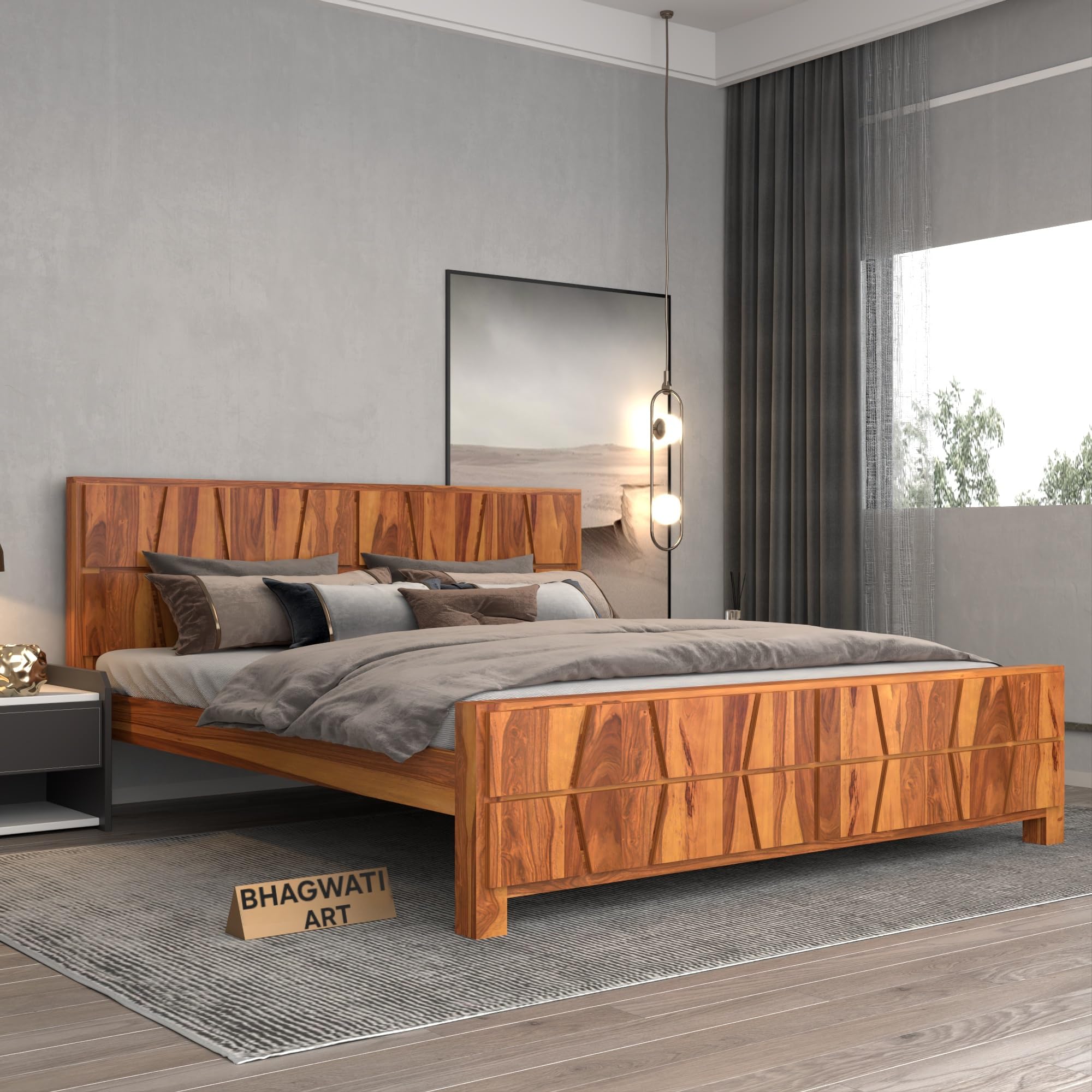 BHAGWATI ART Sheesham Wood Queen Bed Frame Without Storage | Solid Wooden Queen Bed Cot | Zigzag Design Bedroom Furniture | Durable Sheesham Wood Bed | Honey Finish