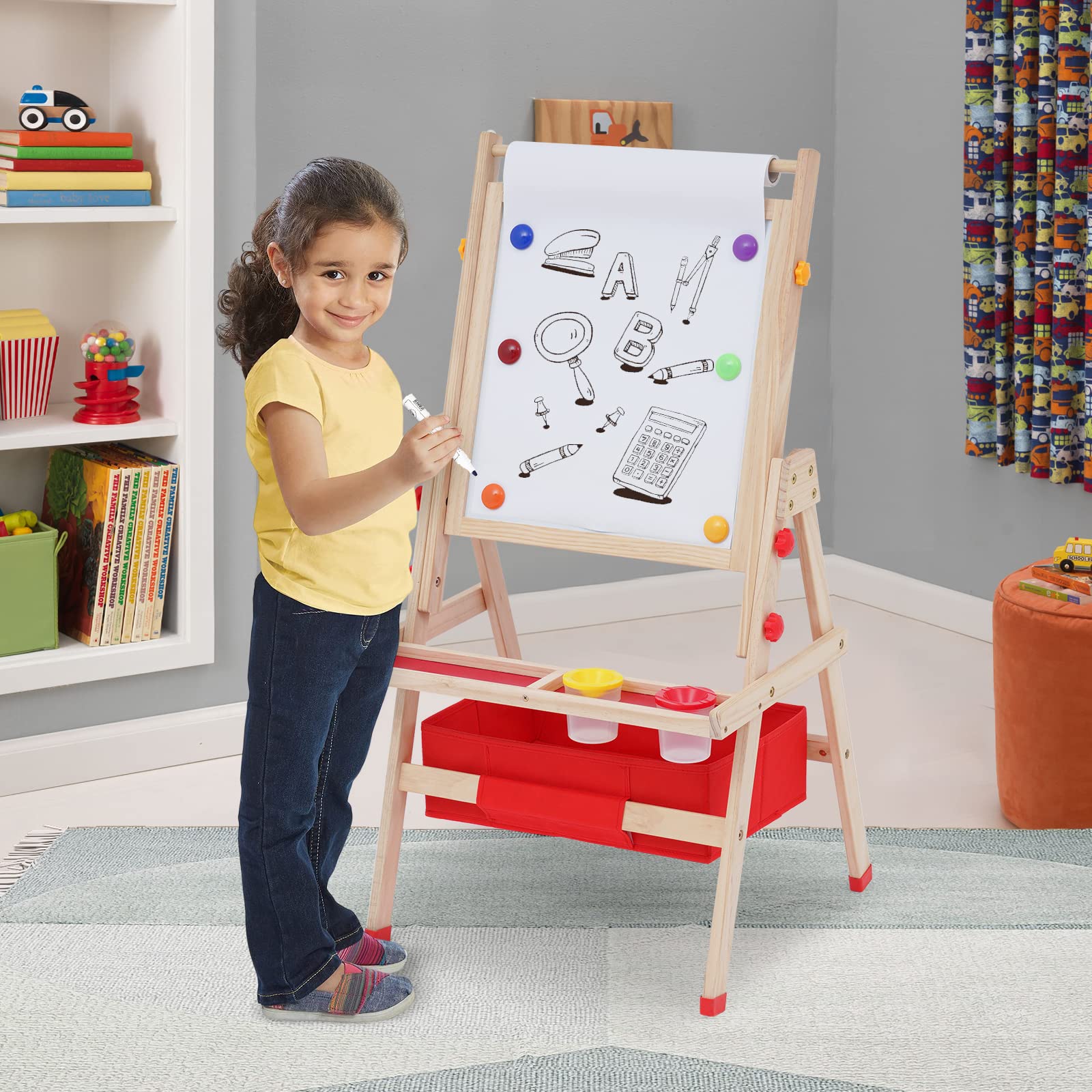 HOMCENT Kindertafel aus Holz mit Papierrollenhalter für Kinder, Doppelseitige Drehbare Kunst Staffelei für Jungen Mädchen, Staffelei Holz Kinder mit Whiteboard, Tafel