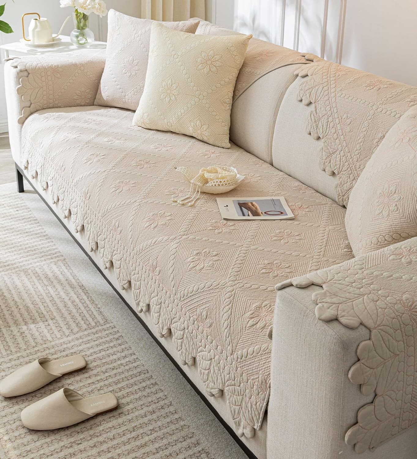 Cotton Quilted Dog Couch Cover for Sofa Farmhouse Rustic Embroidery Sectional Couch Cover Soft Anti-Slip Sofa Slipcover Furniture Protector for Kids, Pets (Khaki,28"x28") - Image 5