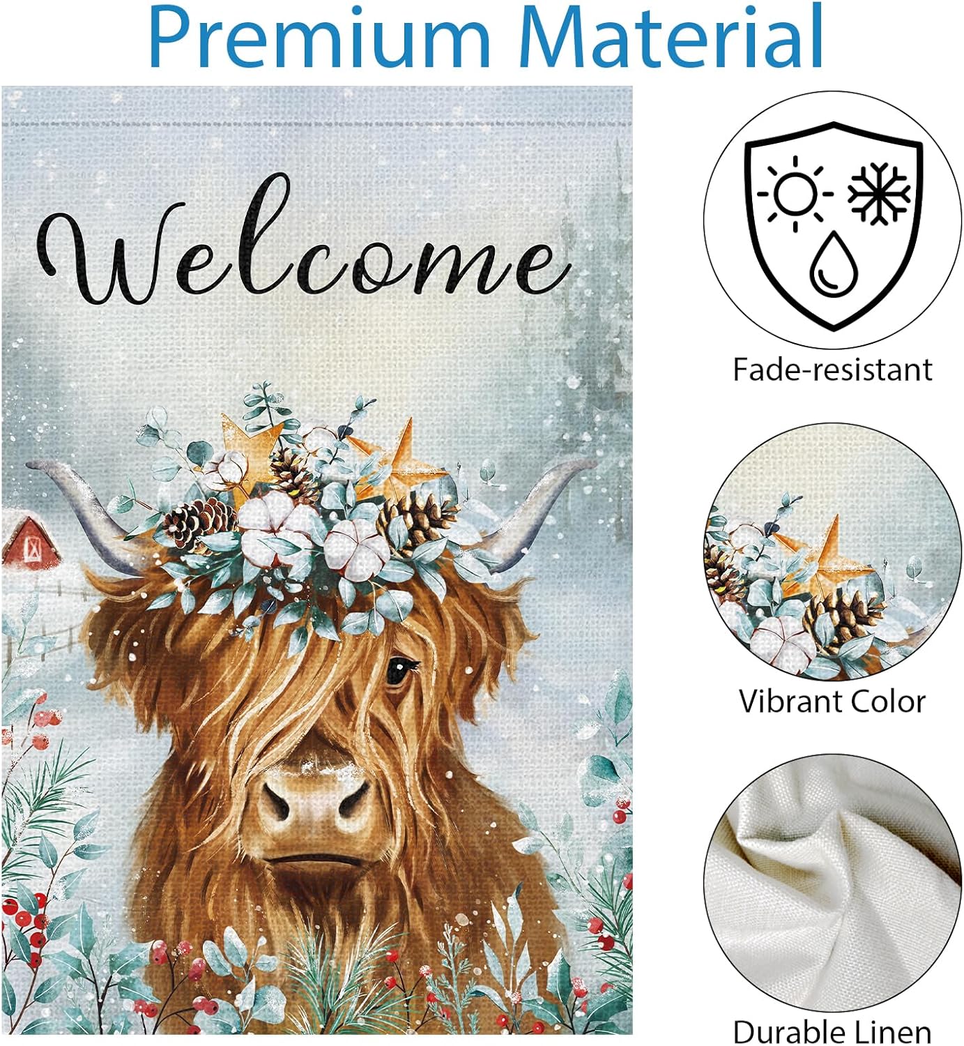 Welcome Winter Garden Flag Burlap Double Sided Vertical 12x18 Inch Highland Cow Winter Flag Farmhouse Yard Outdoor Decor - Image 7