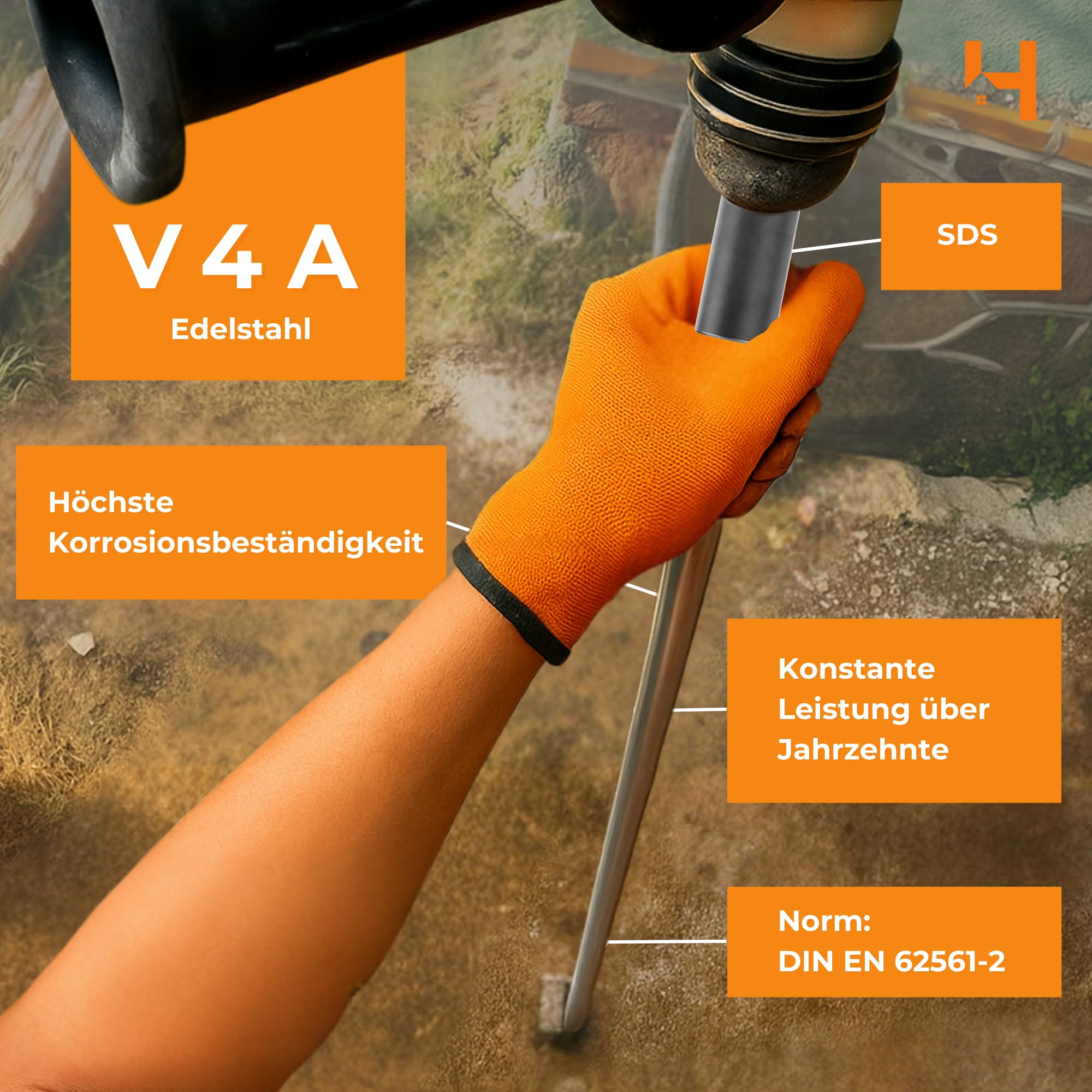 HausHeld® Tiefenerder V4A Set 1,5 m – Erdungsspieß Ø20 mm aus Edelstahl + Einschlagspitze + Kreuzerder-Klemme + Schutzadapter MECH – Erdungsstab Blitzschutz Erdungssystem PV-Anlage