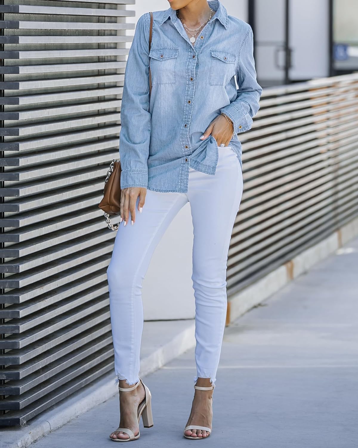 LookbookStore Women's Long Sleeve Collared Shirt Button Down Denim Blouse Tops - Image 6