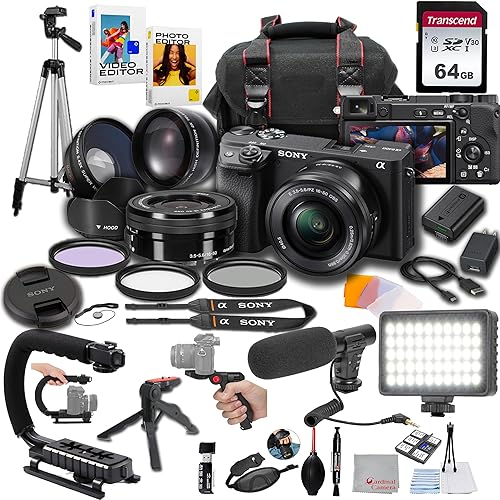 Sony Paquete de cámara a6400 con lente de 0.630-1.969 in que incluye tarjeta SD Transcend de 64 GB, luz de video LED, micrófono de escopeta, bolsa