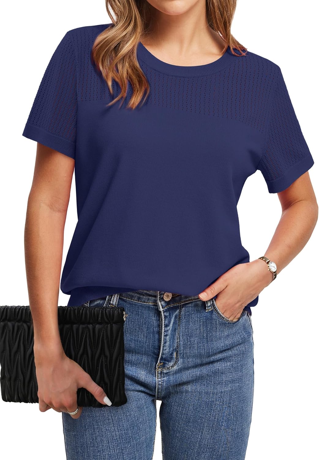 WIHOLL Short Sleeve Sweater for Women Trendy Summer Tops 2025 Early Fall Fashion Business Casual Outfits - Image 3