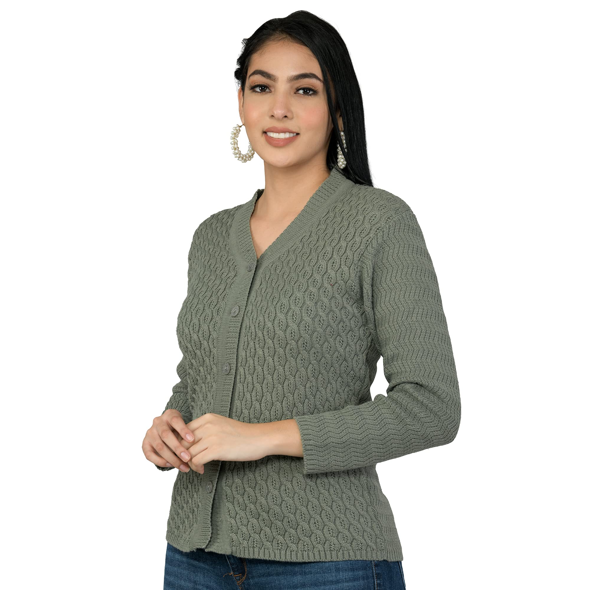 Women Woolen V-Neck Self Design Cardigan Heavy Daffodil Fabric Cardigan Winter Wear Pure Wool Cardigan Sweater for Women Free Size Long Cotty Fully Warm Cardigans-image-23