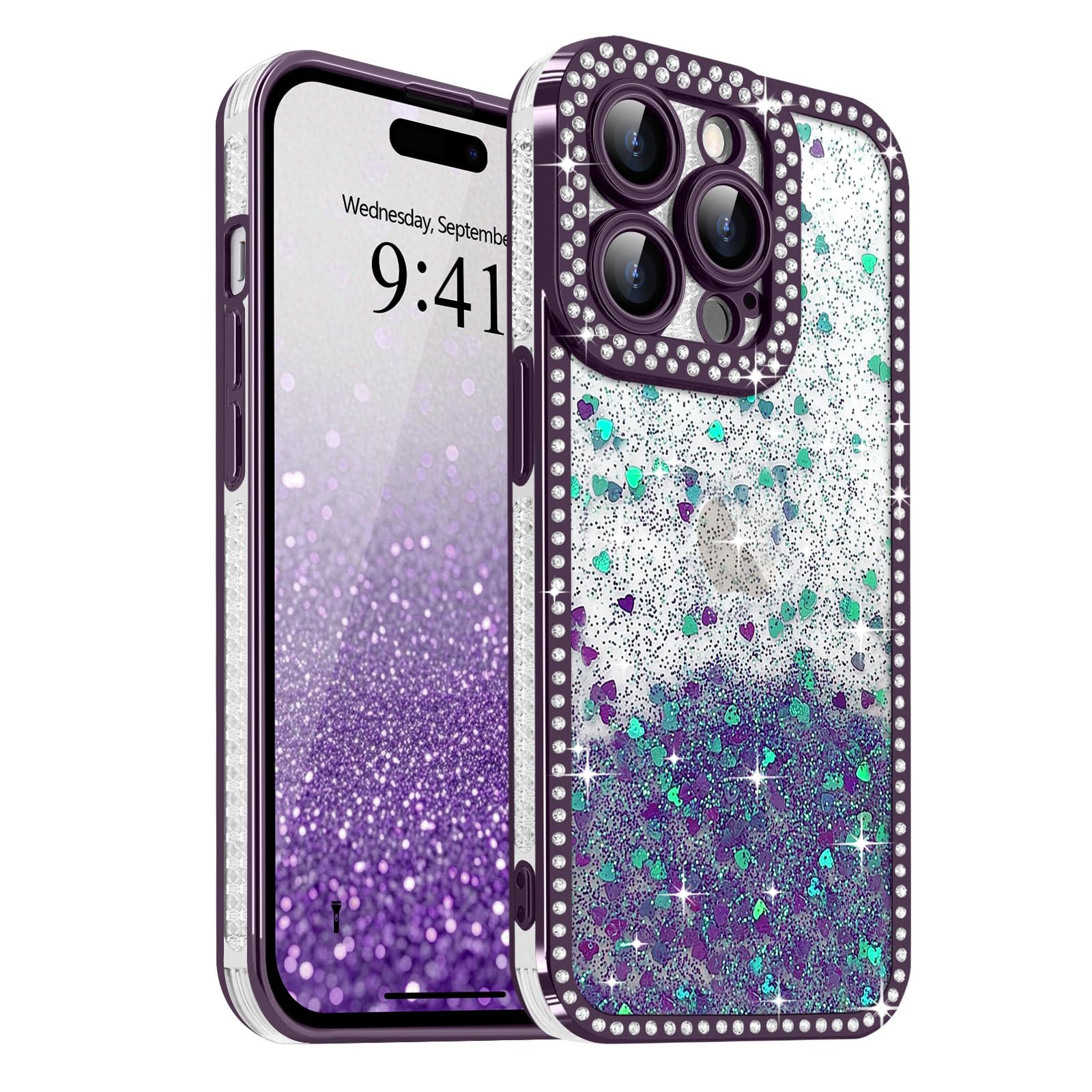 for iPhone 14 Pro Case Glitter, Bling Sparkle Heart Pattern Sequin Luxury Crystal Shiny Diamond Rhinestones Cover for Women Girls, Soft TPU Shockproof