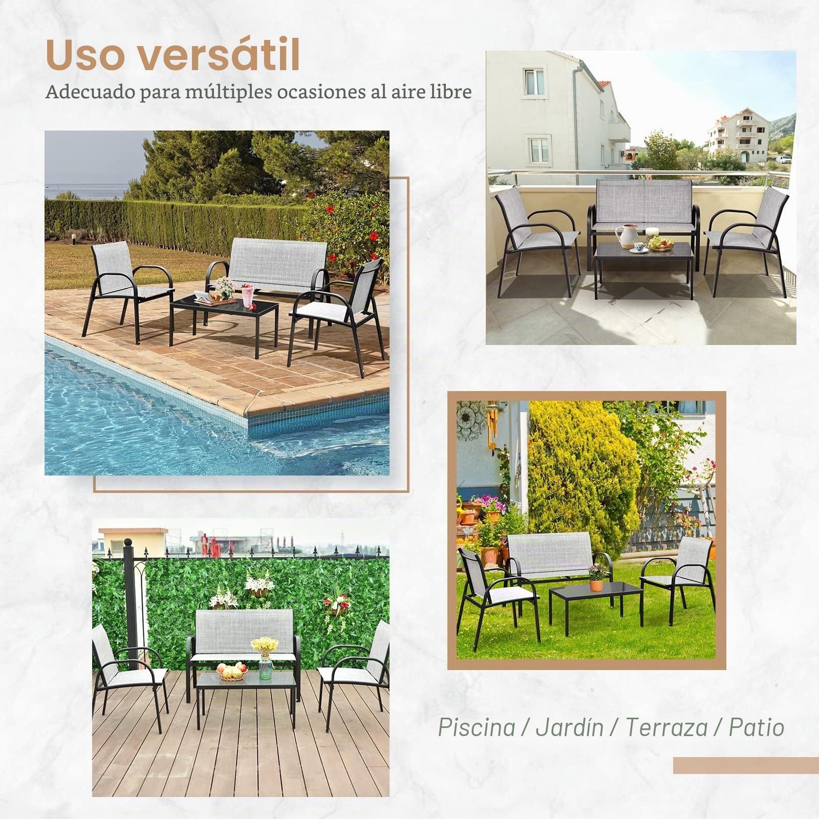 GOPLUS Conjunto de Muebles de Jardín 4 Piezas, 1 Mesa de Centro, 1 Sofá y 2 Sillones con Apoyabrazos Lisos, Tela de Malla, para Jardin, Piscina, Terraza, Patio (Gris)