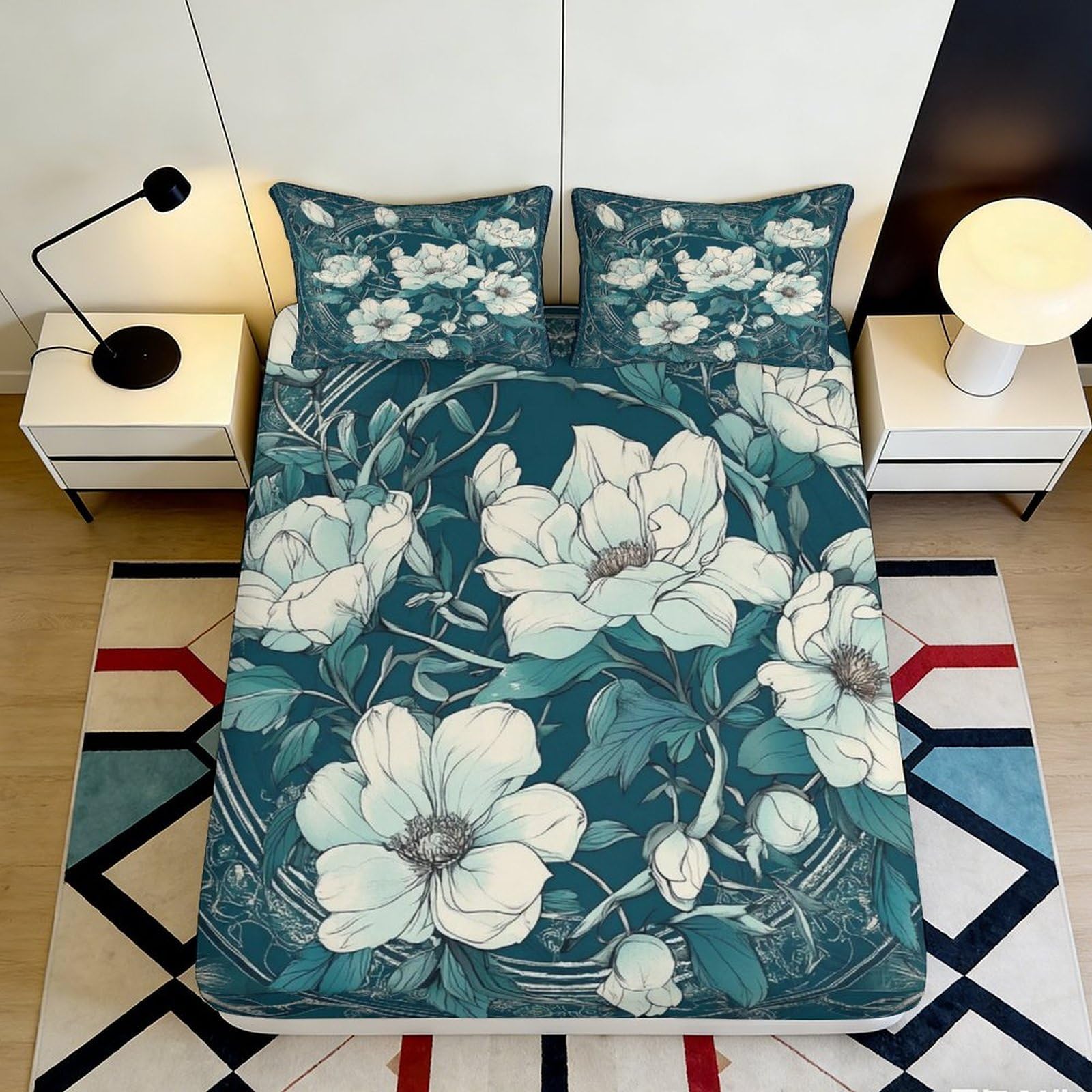 3D Printed Lotus Blossom Fitted Sheet Microfiber Soft Floral Mattress Cover for Bedroom Guest Room Decor Dustproof 90x200x25cm