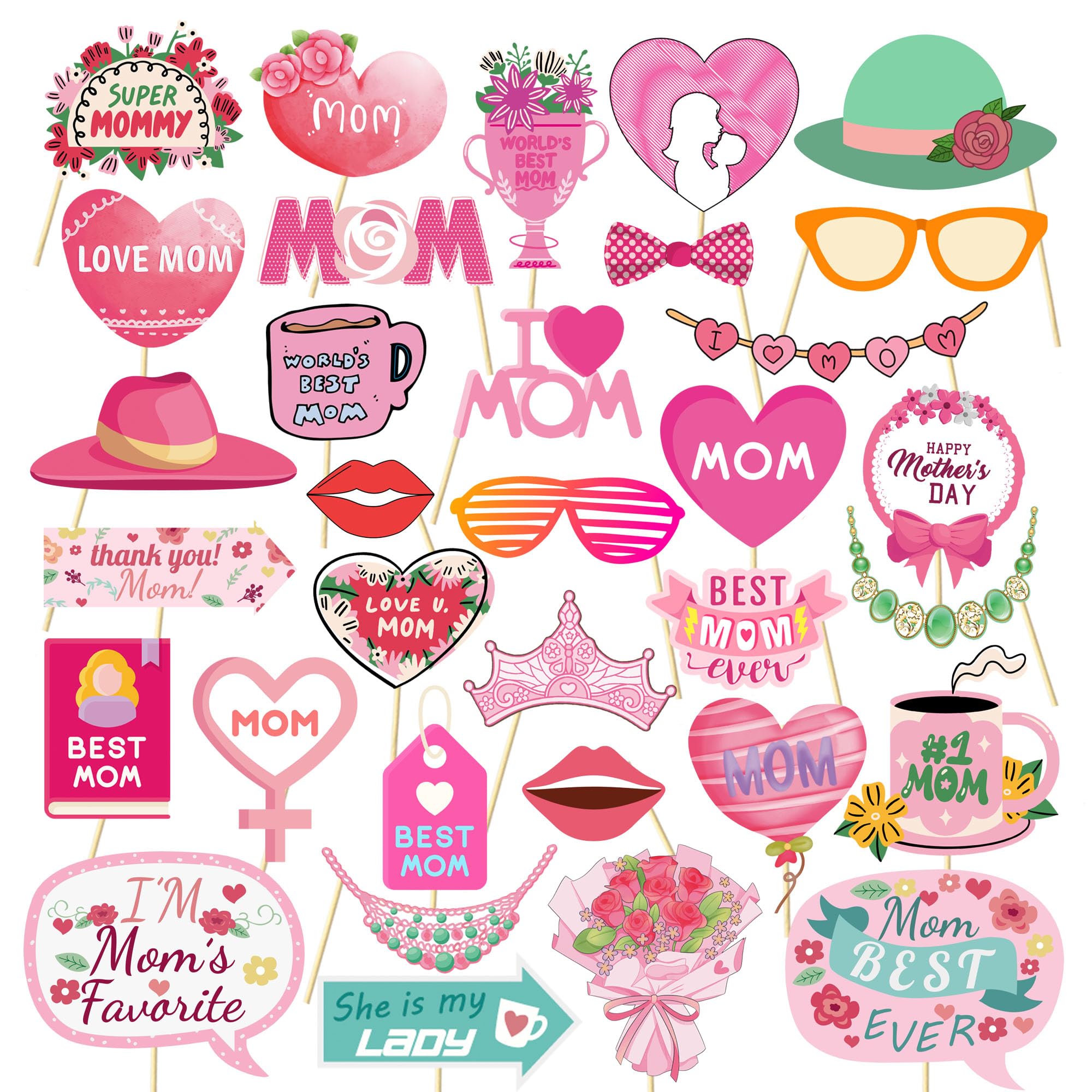 Mother's Day Photo Booth Props Kit - 33 Pieces, Fun & Colorful Designs Mother’s Day Decorations for Mother’s Day Brunch Event Mother’s Day Party Supplies