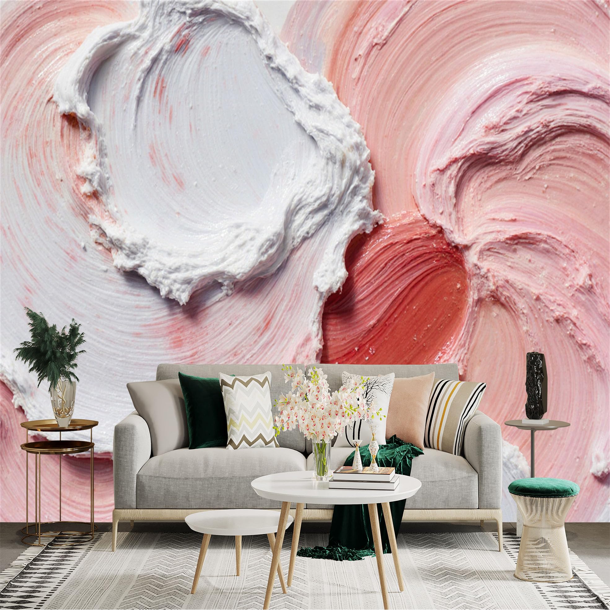 Custom Size Wall Sticker Mural， Abstract Pink and White Oil Paint Texture， Heavy Impasto Palette Knife Strokes， for wall Decoration， peelandstick wall Decals.