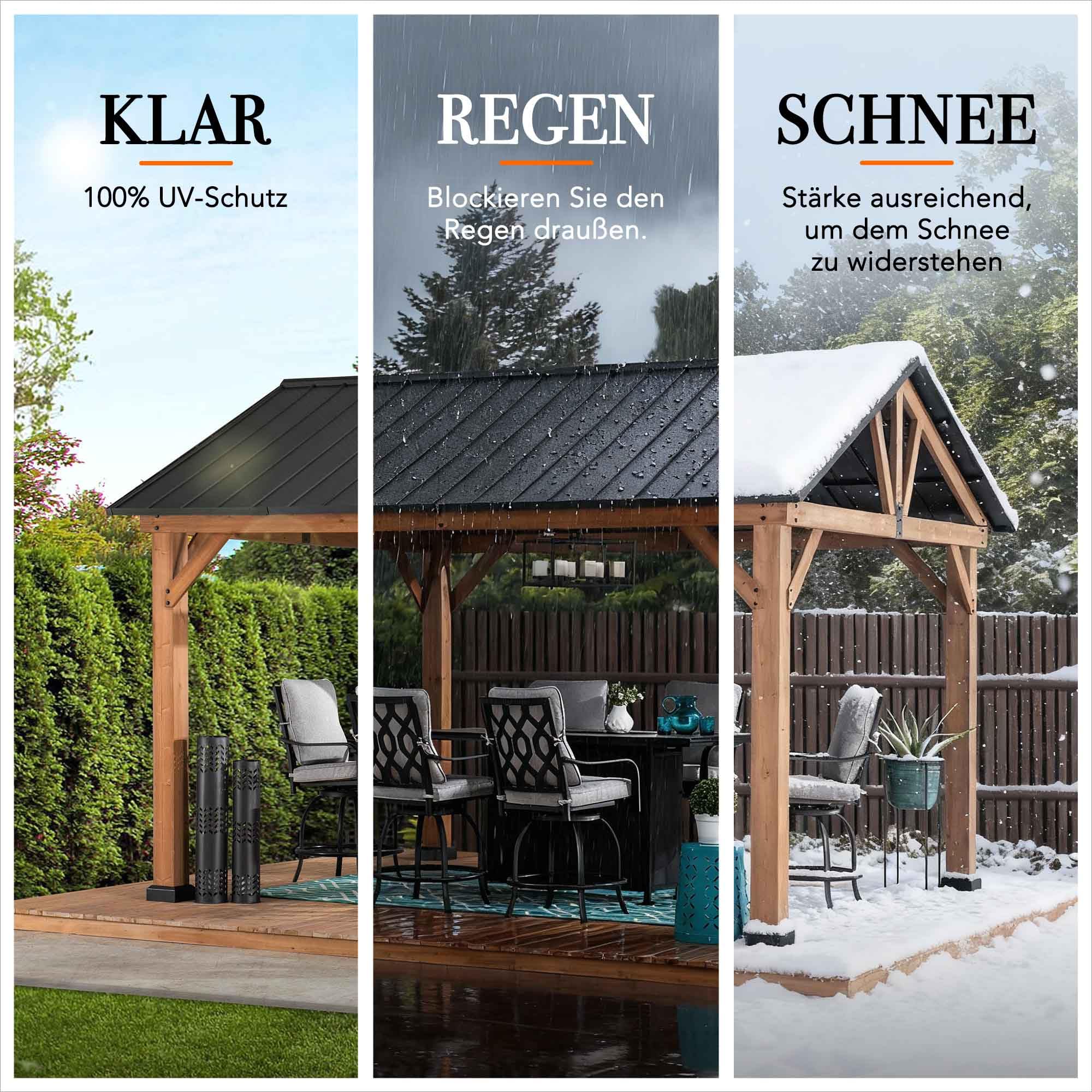 SUNJOY 4x3,36 m Holzpavillon aus Zedernholz wasserdicht, Wind- & schneefest, mit Satteldach aus Stahl, 14 cm starken Pfosten, robuster, dauerhafter Pavillon für Terrasse, Garten
