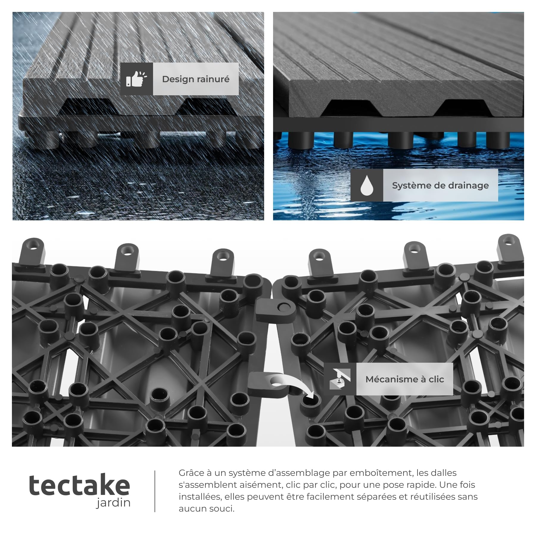 tectake® 22 Dalles clipsables exterieur 31 x 31 cm, Caillebotis exterieur aspect Bois Dalle WPC, Surface couverte 2.1142 m², Résistant intempéries, Revêtement sol extérieur Terrasse, Balcon, Veranda