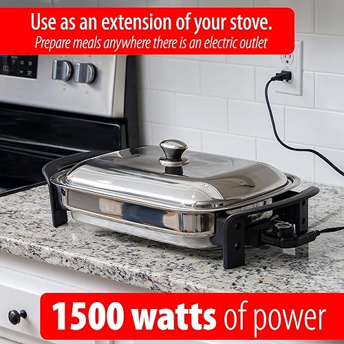 Miniatura 2 de Maxam Sartén eléctrica de 16 pulgadas, sartén rectangular de acero inoxidable con asas y tapa
