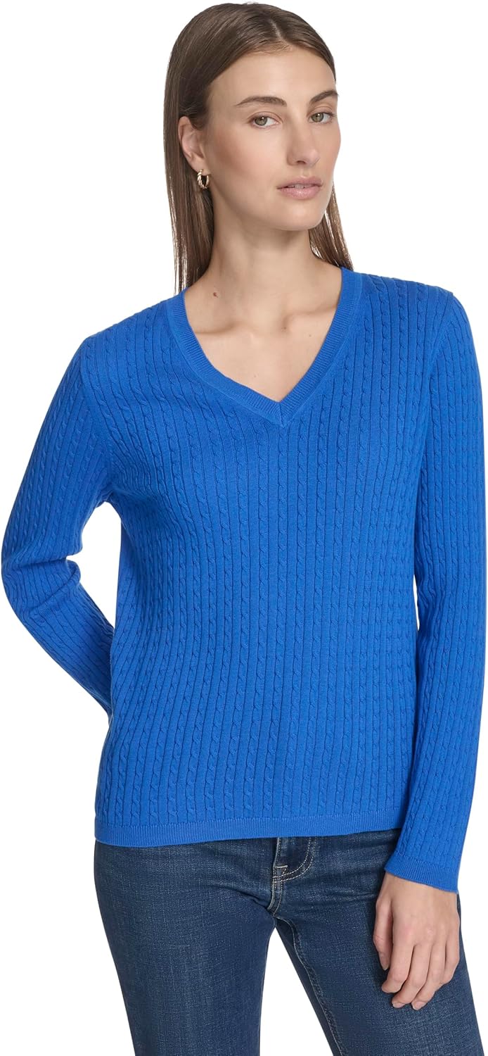 Nautica Women's Long Sleeve Cable V-Neck Sweater