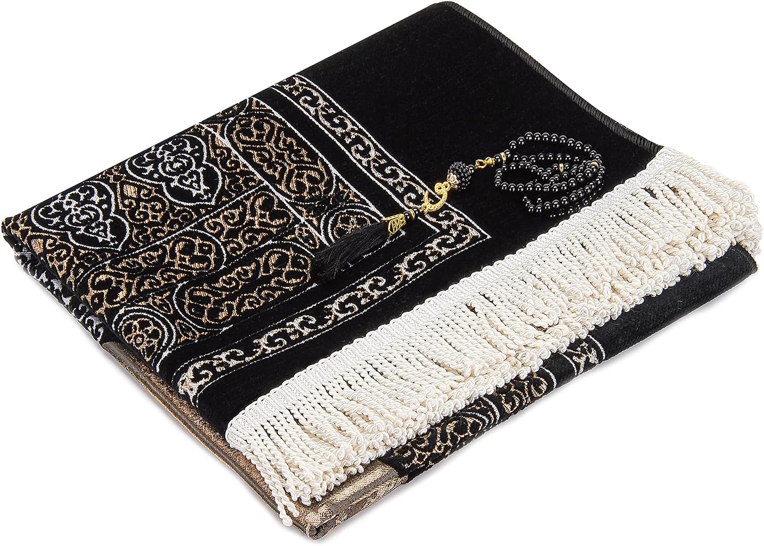ihvan online Muslim Prayer Rug with Prayer Beads, Janamaz, Portable Sajadah, Soft Islamic Prayer Rug, Islamic Gifts for Ramadan Eid, Praying Carpet Mat, Kaaba Door, Chenille Fabric, Black