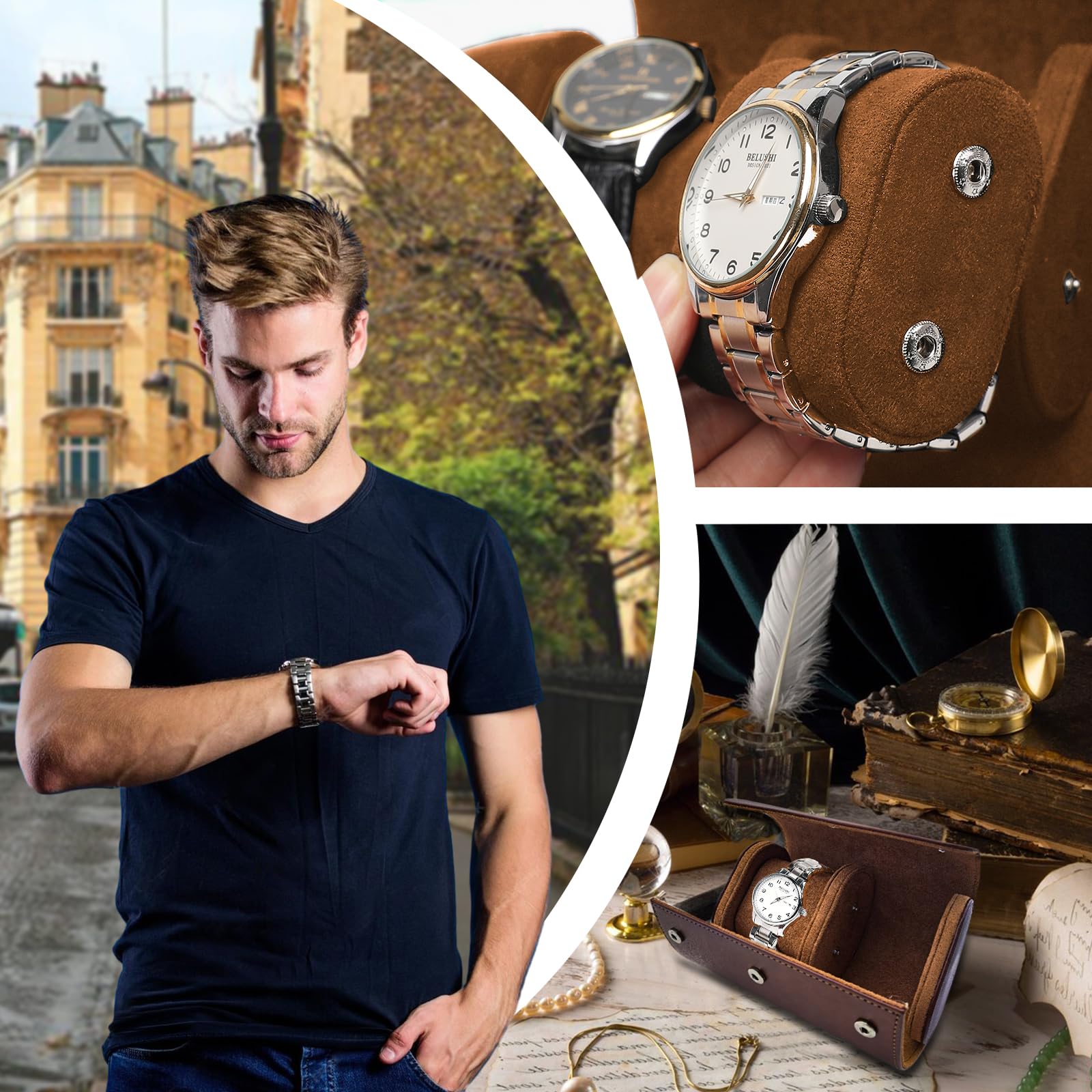 Scatola per orologi, custodia per orologi in pelle PU, espositore per singolo orologio, scatola portatile per esporre e conservare orologi, astuccio da viaggio arrotolabile per orologi con cuscino r