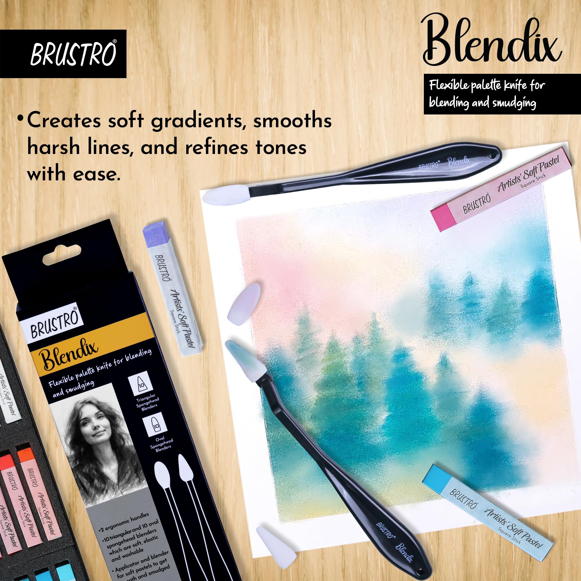BRUSTRO Blendix Flexible Spongehead Soft Palette Knives | Set of 2 Ergonomic Handles with 10 Triangular & 10 Oval Sponge Blender | Ideal for Blending, Smudging With Graphite, Charcoal, Pastels, Pigment powder etc 3