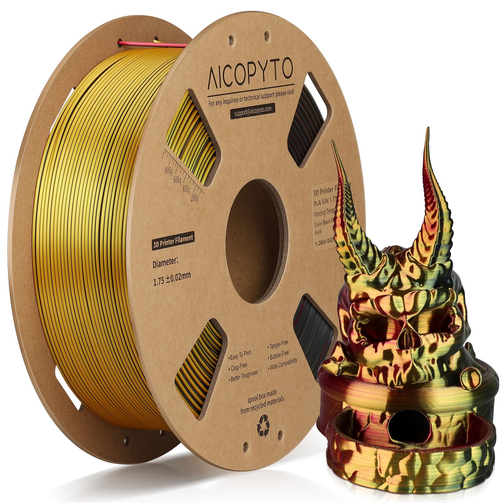 3D Printer Silk PLA Filament 1.75mm, Shiny Triple Color Black Red Gold, Dimensional Accuracy +/- 0.02 mm, 1KG (2.1lbs)/Spool Easy to Print for Most FDM 3D Printers