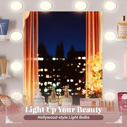 Miniatura 6 de Furmax Tocador con Espejo y Bombilla LED, Mesa Pequeña de Maquillaje con Cajones, Mesa de Vestir con Enchufe Eléctrico y Soporte para Secador de