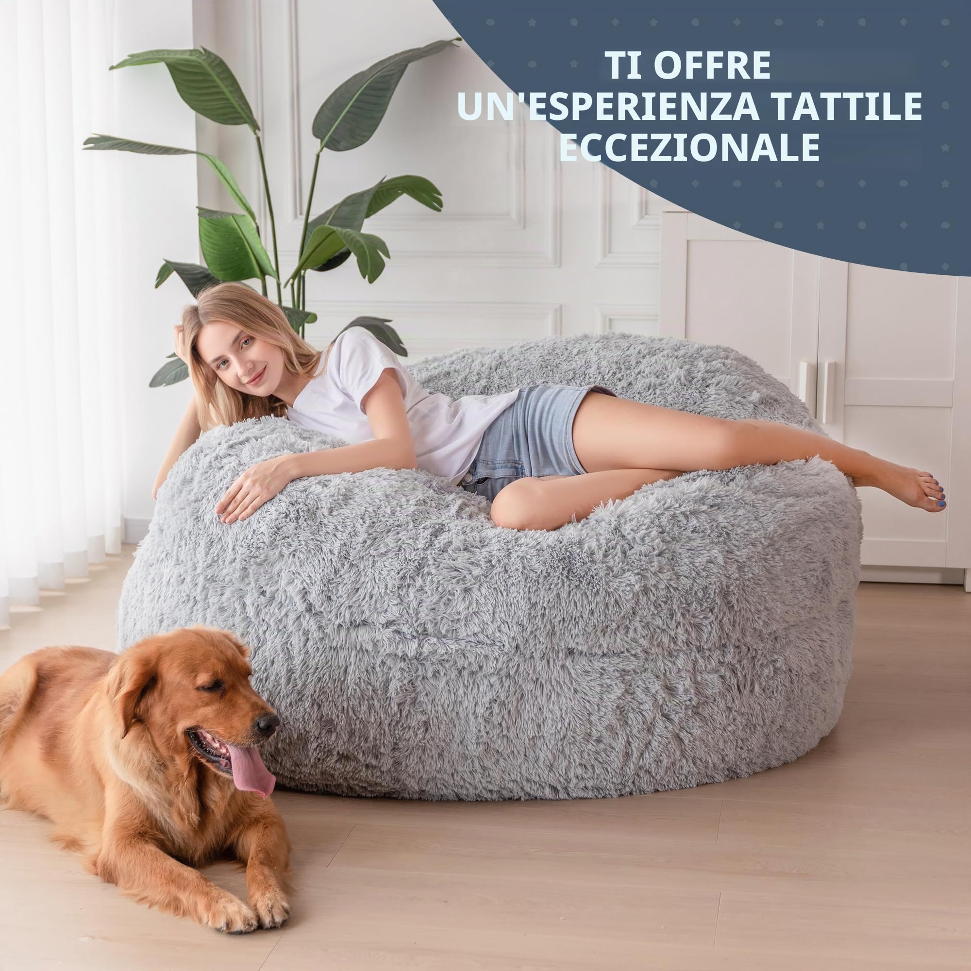 MAXYOYO Pouf gigante trasformabile da pouf a letto - grande divano con rivestimento in peluche e imbottitura soffice inclusa, per adulti e coppie (grigio, 150 x 200 cm)