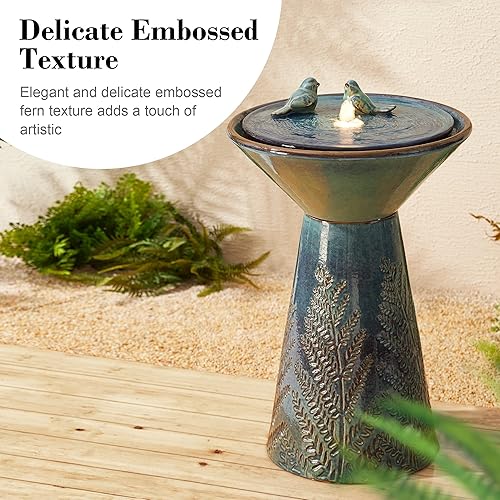 Miniatura 4 de Glitzhome Fuente de agua para jardín al aire libre de 27.5 pulgadas de alto con luz LED y bomba, color turquesa, dos pájaros en relieve, pedestal de