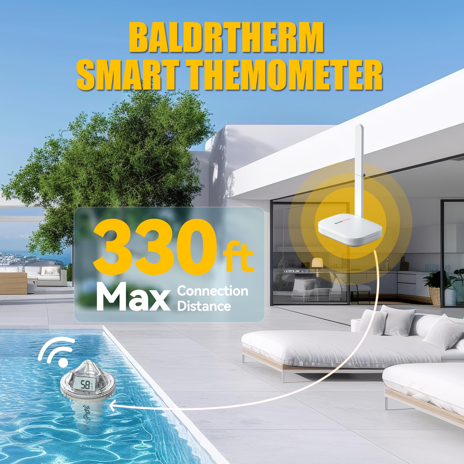 BaldrTherm Termómetro inalámbrico para piscina con pantalla LCD de 360°, monitoreo remoto a través de la aplicación, IPX7 impermeable, sensor de temperatura flotante para piscina, jacuzzi, spa y