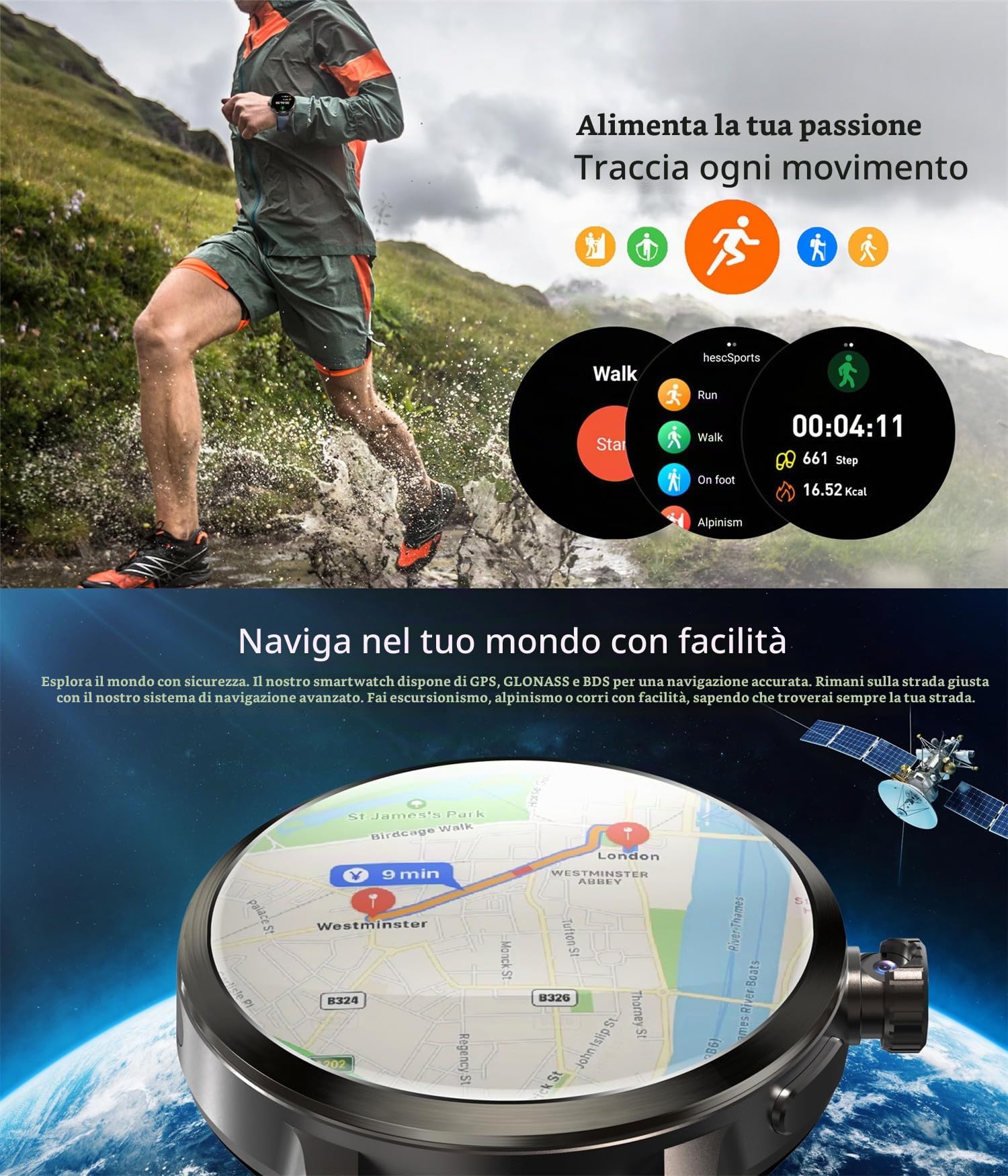 Orologio intelligente 4G SL8541E Quad Core 2GB 16GB Fotocamera rotante da uomo orologio 1.75 "AMOLED schermo grande Android 8.1 Smartwatch 1520mAh WiFi Bluetooth GPS orologio sportivo (Nero)