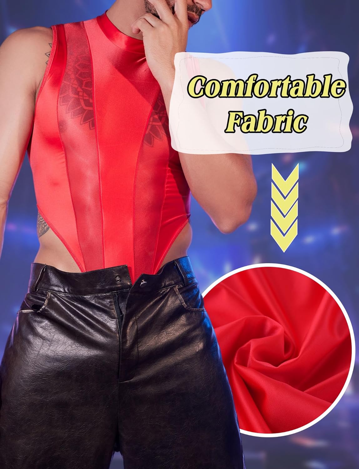 Men Bodysuit Top Glossy High Cut Thong Crotch Button Lingerie Sheer Tank Top One Size - Image 3