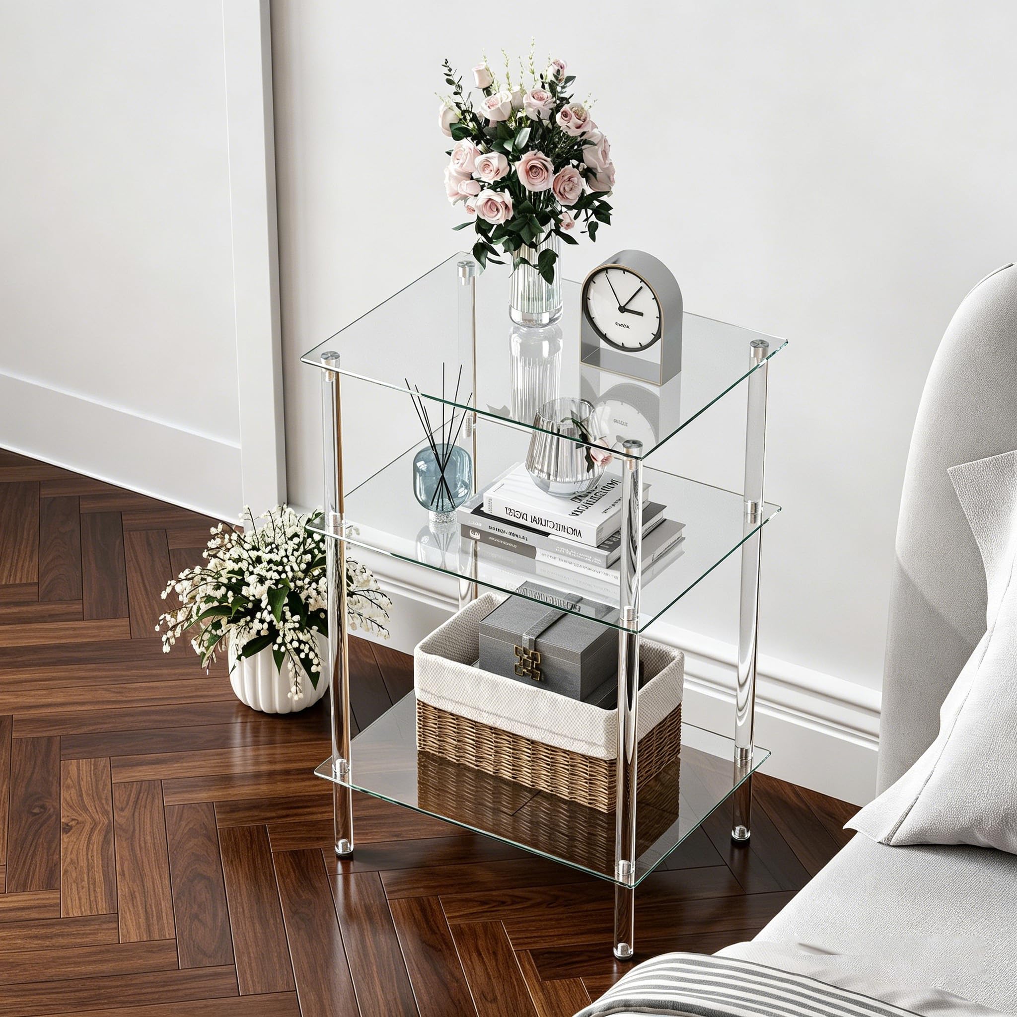 Mesa de Centro Cuadrada Mesa de Cristal Transparente con 3 Niveles Mesas Auxiliares para Salon y Dormitorio Diseño Elegante LET519TR