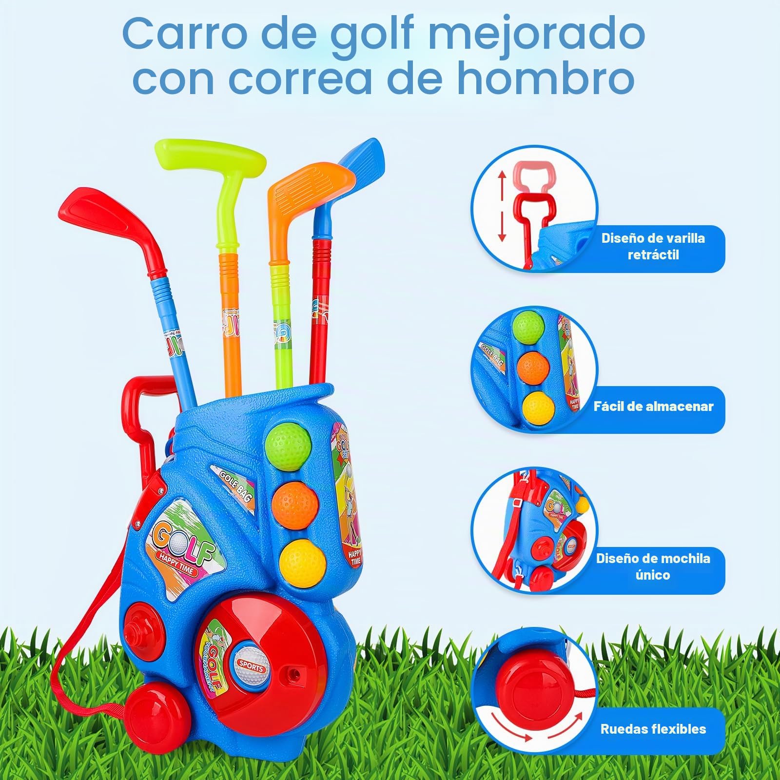 deAO Juego de Golf para Niños con Carrito Almacenamiento, 18 Pcs Golf Set, 4 Palos, 6 Pelotas, 2 Hoyos, Alfombrilla Putting - Juguetes Deportivos Interior Exterior Regalo Niñas Niños 3-6 Años (Azul)