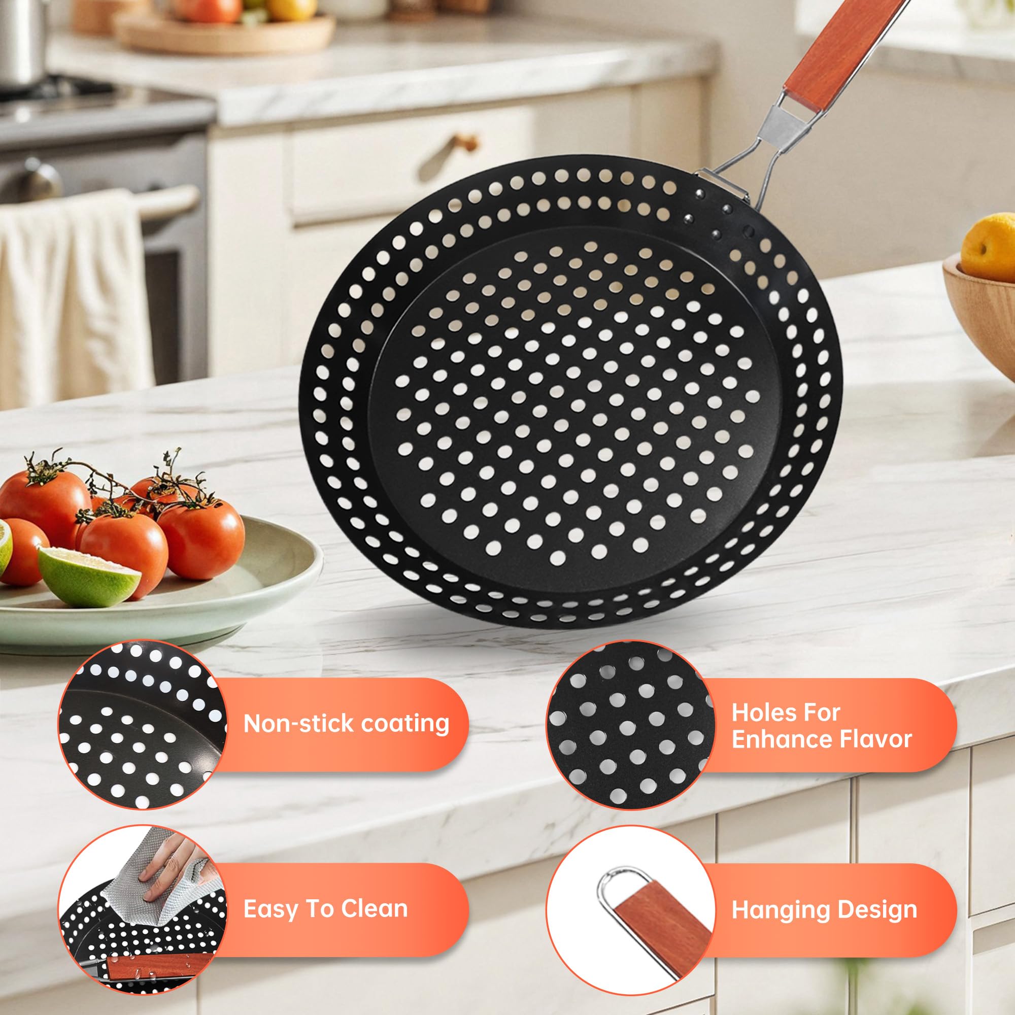Padella per grigliare, 30,5 cm, con manico pieghevole, in acciaio al carbonio, antiaderente, per barbecue, fritture, verdure, frutti di mare, Chapati