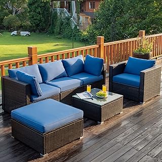Tangkula 6 PCS Patio Rattan Sectional Furniture Set, Outdoor Wicker Conversation Set with Glass Coffee Table Sofa Ottoman, Wicker Sofa Set with Back & Seat Cushion for Backyard Garden Poolside Balcony
