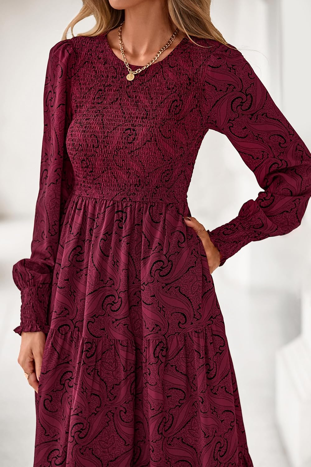 dowerme Maxi Dresses for Women 2026 Long Sleeve Floral Smocked A Line Polka Dot Flowy Boho Vacation Dress Spring Clothes - Image 4