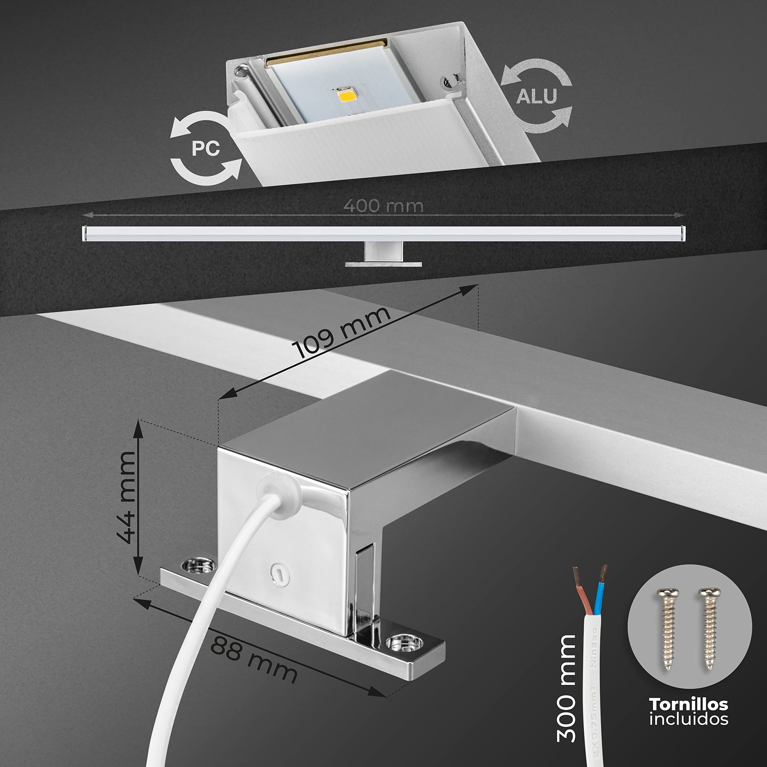 Popp- Lámpara Aplique LED de Espejo para Baño Instalación en espejos 40CM 220V 8W Luz Neutra 4000K Prueba de Agua IP44 Aluminio Cromado y PC (4000K, 8W)