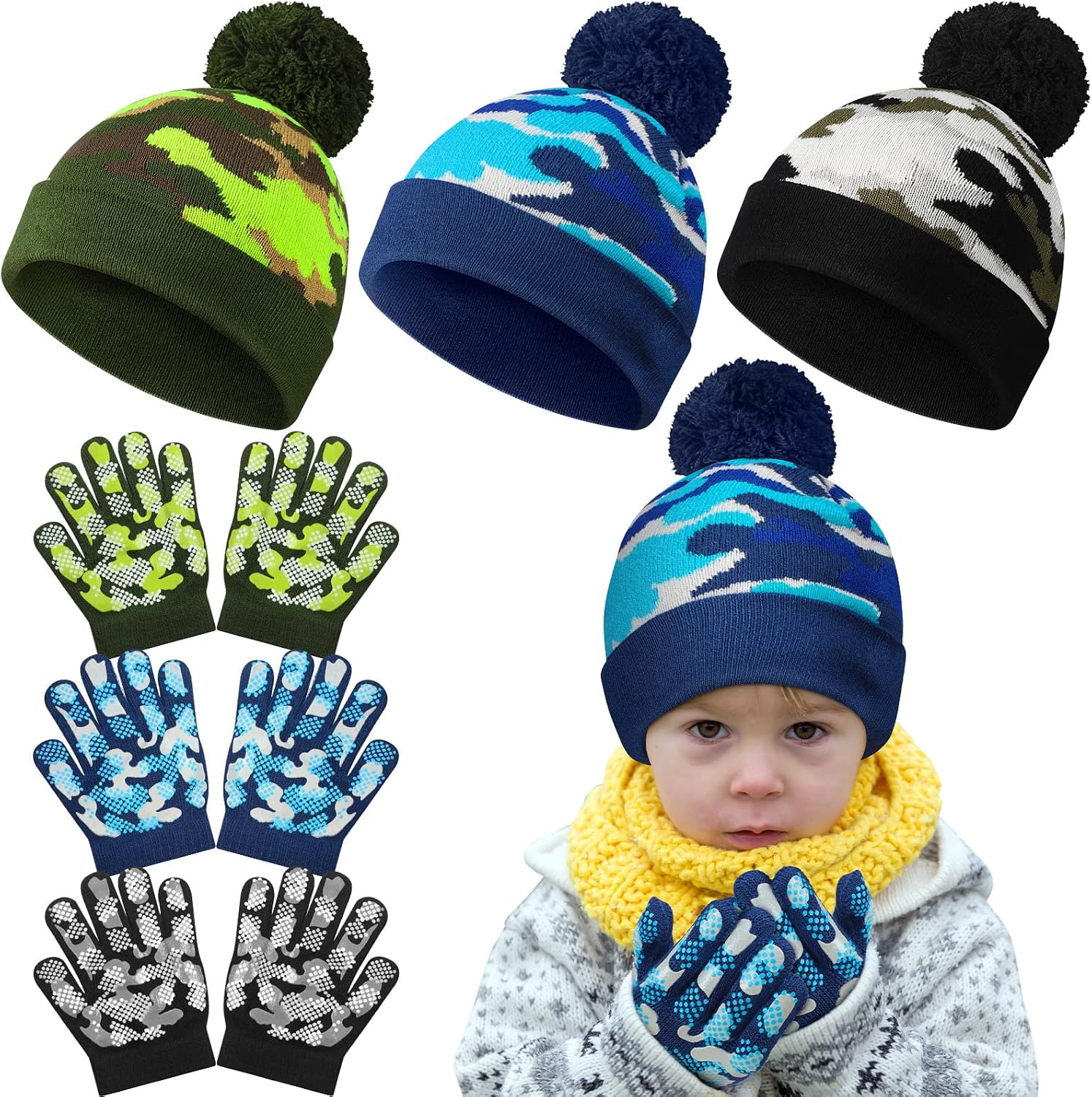 3 Sets Kids Boys Camouflage Beanies Gloves Set Kids Warm Beanie Hat Winter Full Fingers Gloves for Toddler