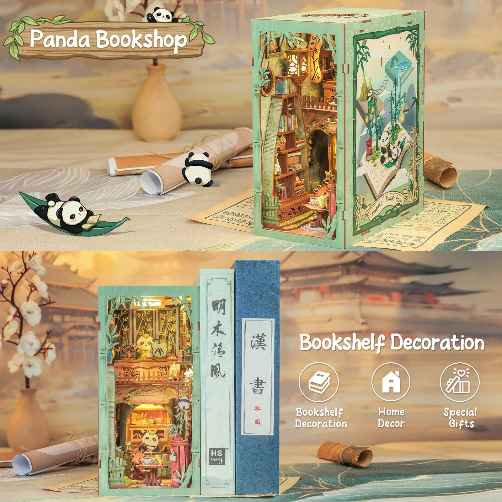 Cutefun Book Nook - Kit per la casa delle bambole in legno, fai da te, in miniatura, per la casa delle bambole, per la libreria, per le case, con luci a LED, per la libreria, per panda Bookshop(DY02)