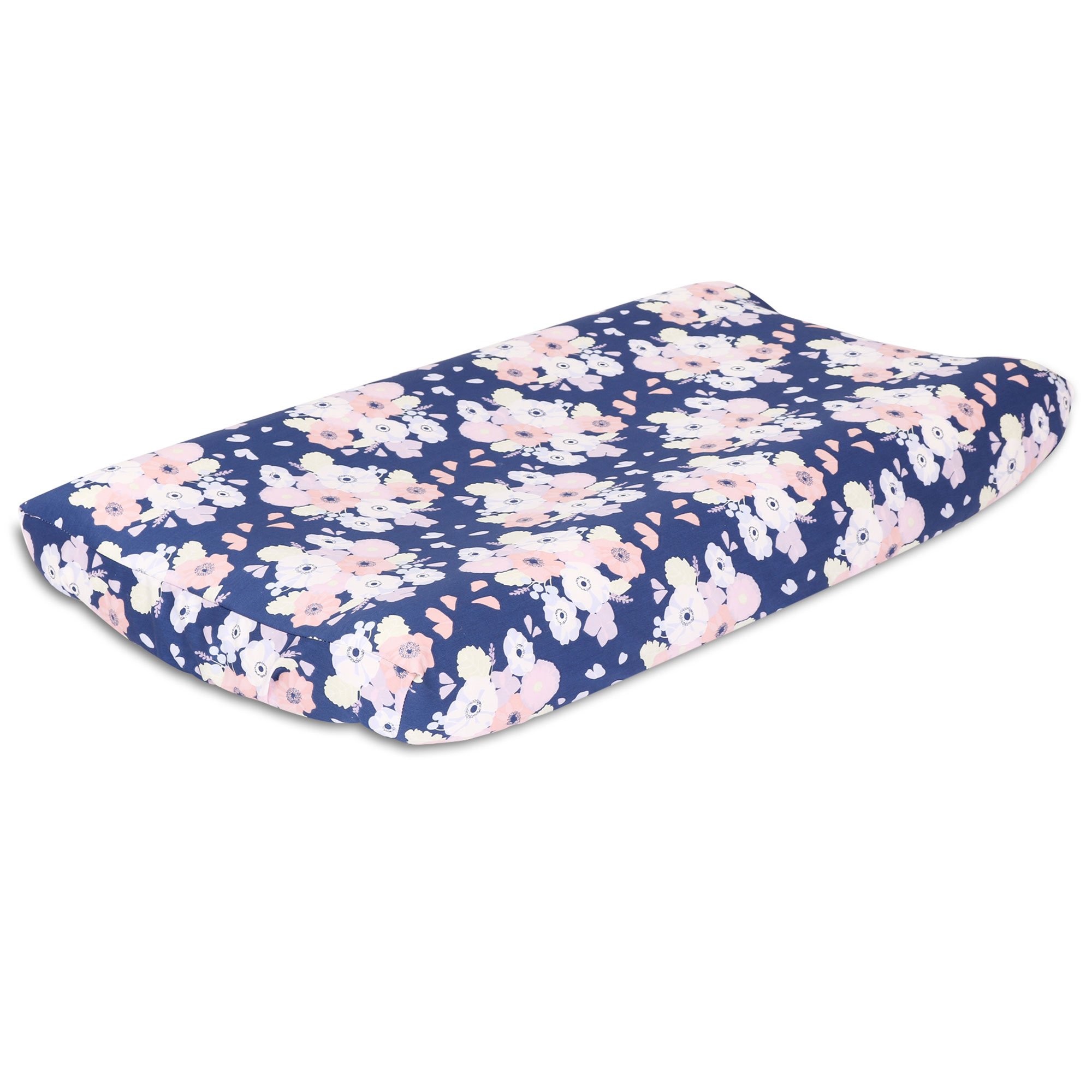 Navy Blue and Coral Floral Baby Changing Pad Cover by The Peanut Shell-image-2