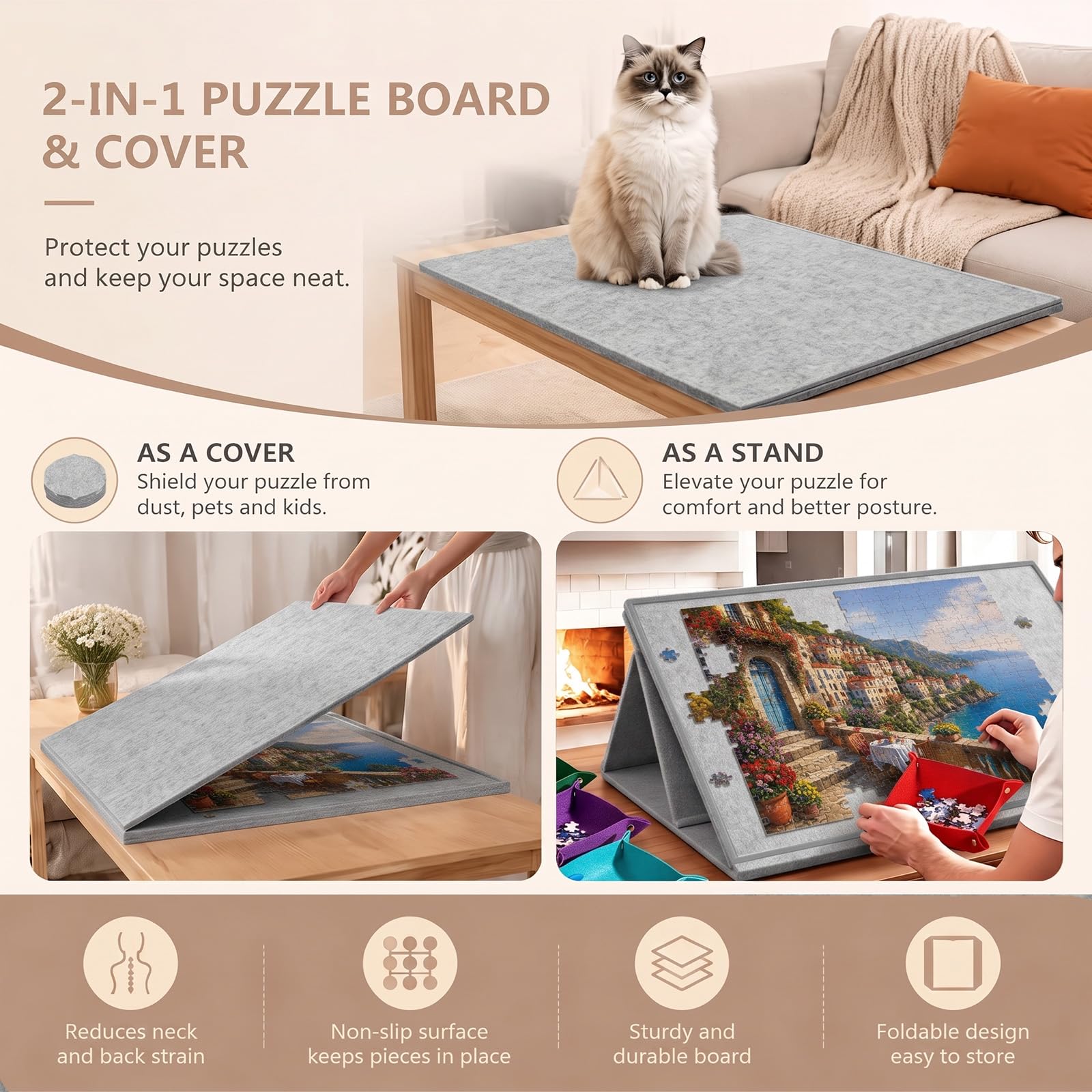 Plateau de Puzzle Pliable 1000 Pièces avec 6 Bols de Tri Colorés, Couverture 2-en-1 et Support de Puzzle, Gris Clair