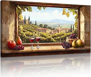 crmotu Window View Extra Large Wall Art, Italian Vineyard Landscape Canvas Prints, Grape Farms Beyond the Vintage Windowsill, Rustic Kitchen Dining Room Pictures Wall Decor for Wine Lovers 30x60 Inch