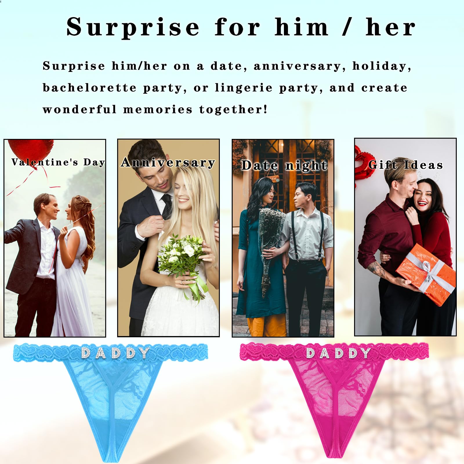 Eoribag Women's Personalized Thongs with Funny Rhinestone Letters, Custom Name Underwear Panties for Couples: D5-daddy-blue Medium