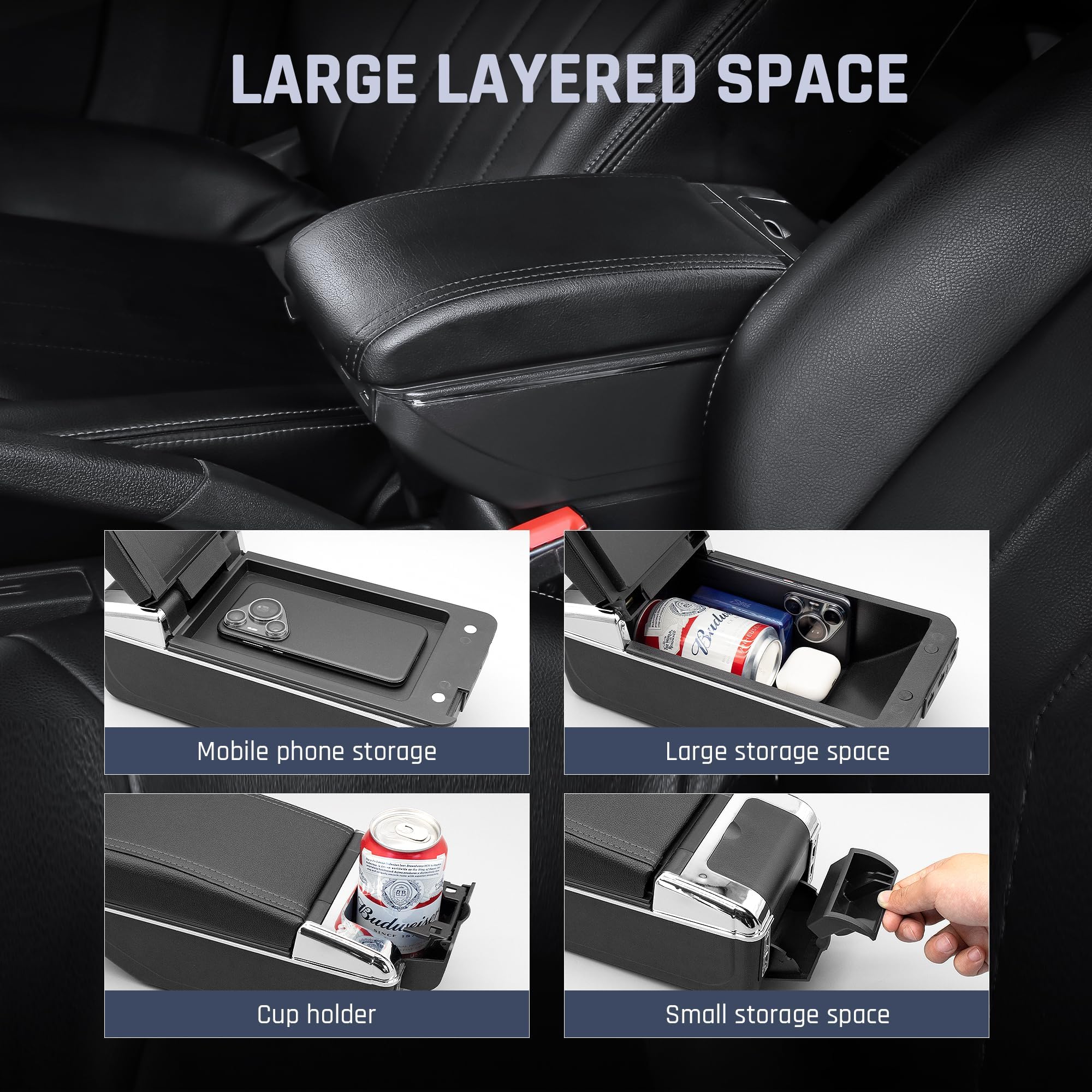 Scatola bracciolo auto per KIA Stonic Rio 3 2018-2024 accessori filettatura nera | Organizer per console centrale, 7 porte USB, bracciolo in pelle a doppio strato, supporto per gomito, portabicchieri