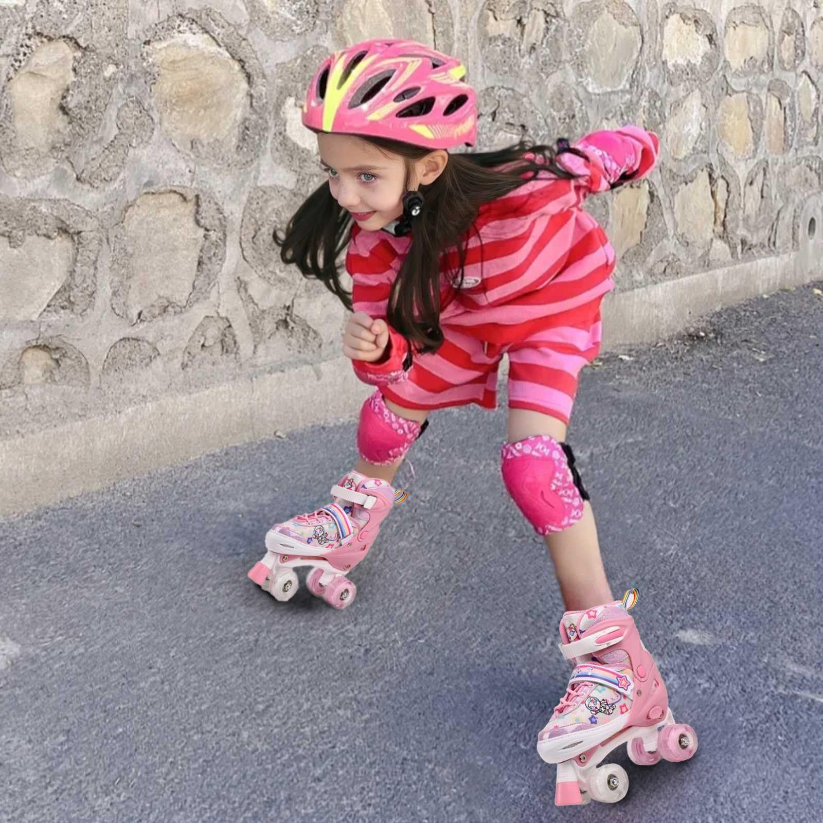 Pattini a Rotelle Bambina Regolabili Pattini A Rotelle per Bambini Pattini Quad con Ruote Luminose 4 misure regolabili per Ragazze, Ragazzi e Principianti